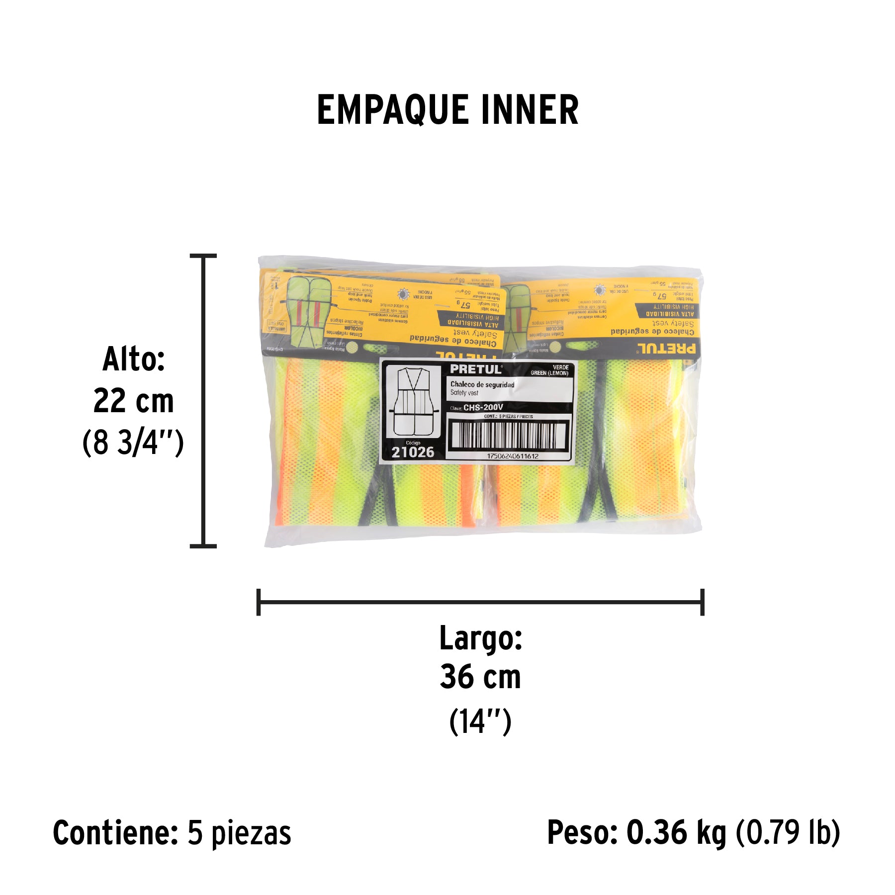 Chaleco de seguridad con cintas reflejantes, verde, PRETUL - Empaque
