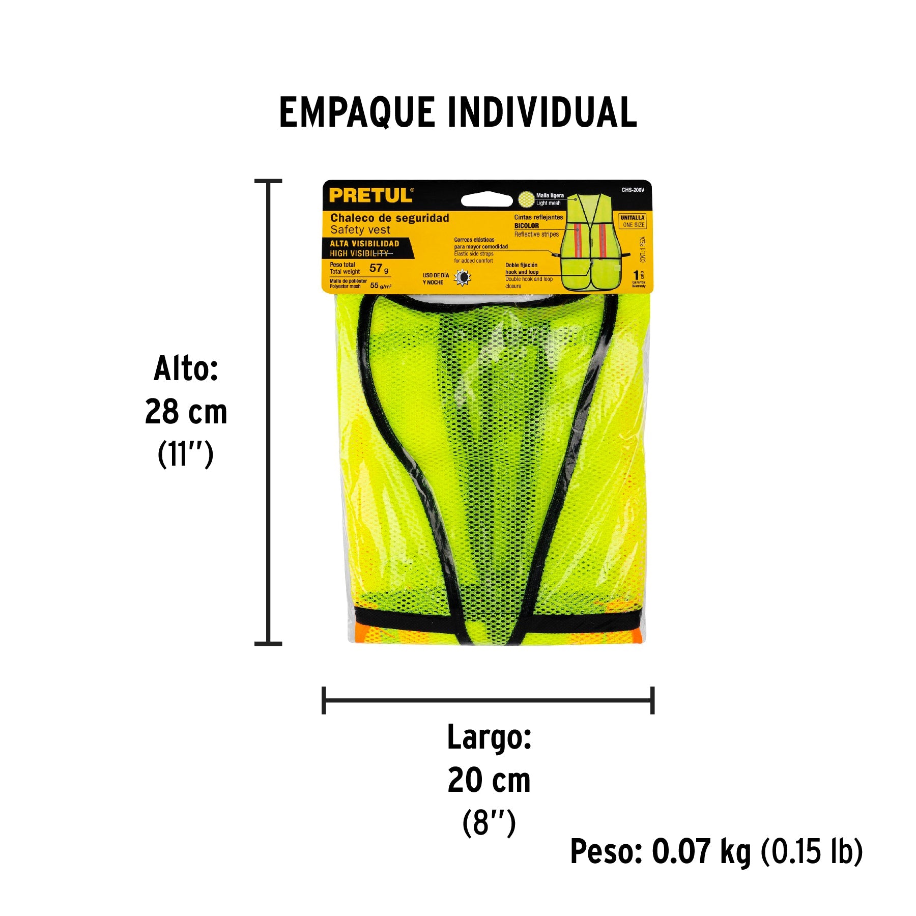 Chaleco de seguridad con cintas reflejantes, verde, PRETUL - Empaque