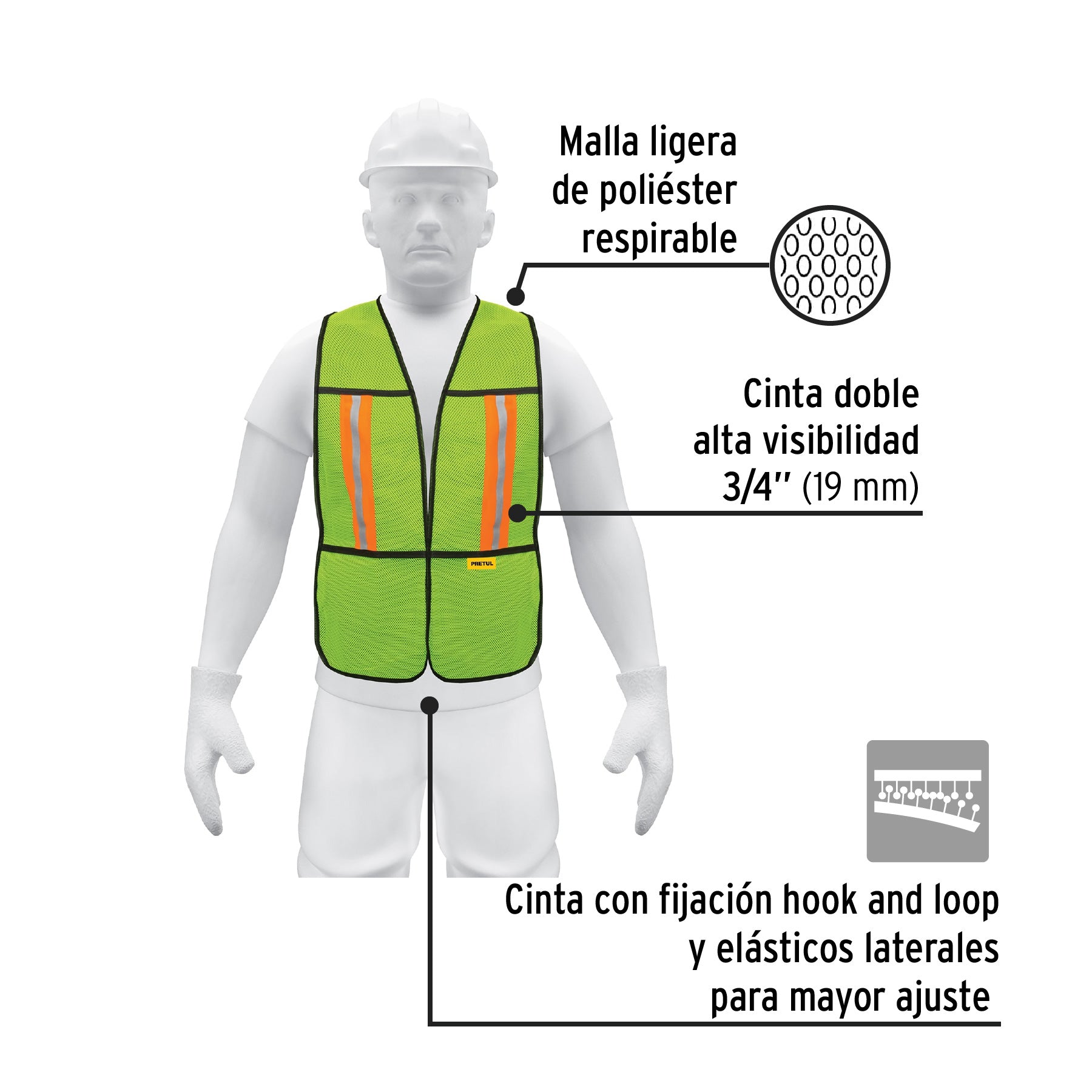 Chaleco de seguridad con cintas reflejantes, verde, PRETUL