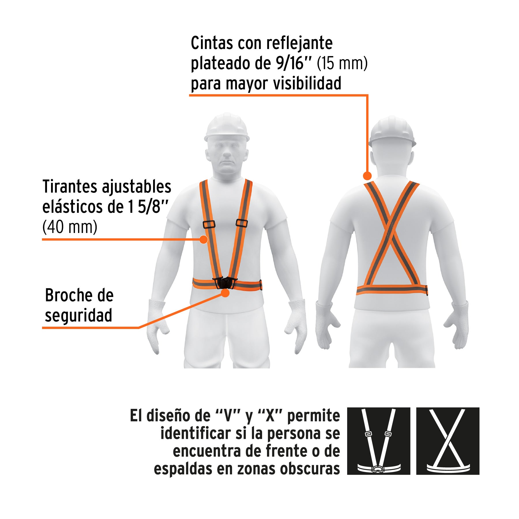 Chaleco elástico tipo arnés naranja con reflejante, TRUPER