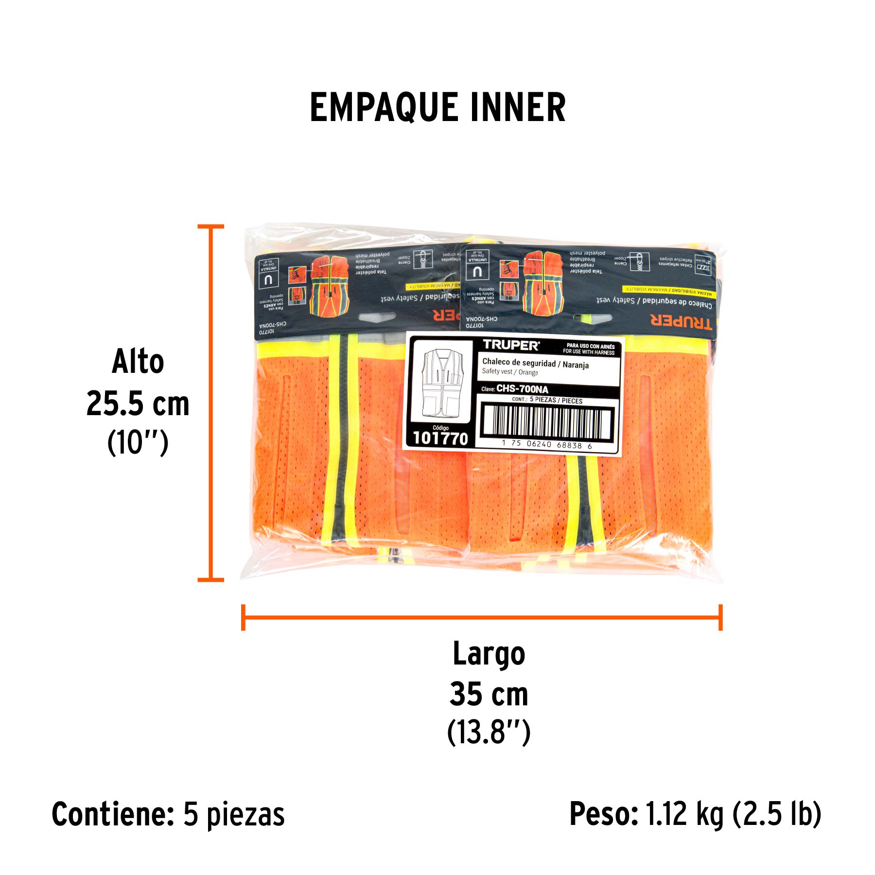 Chaleco de seguridad para arnés, alta visibilidad, naranja - Empaque