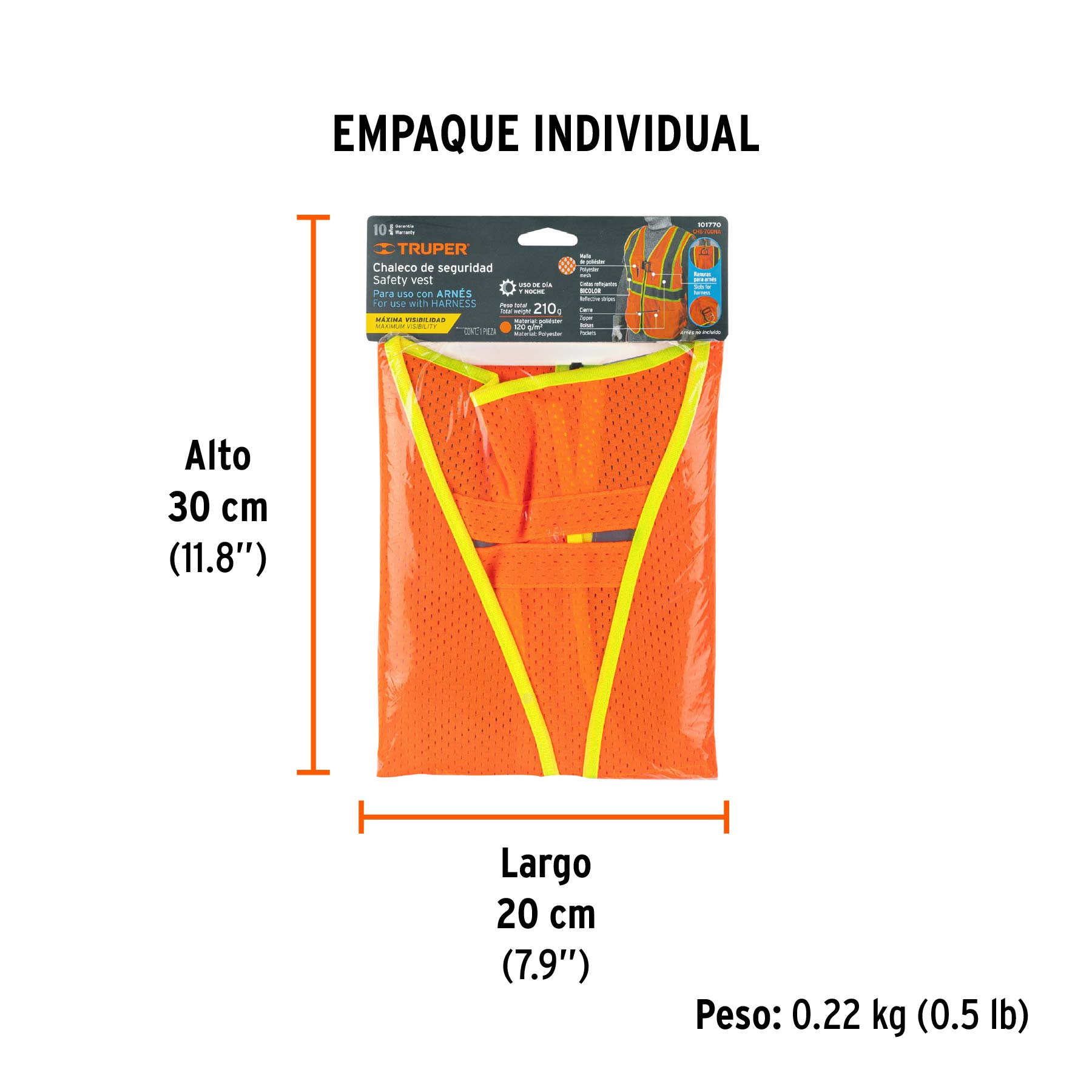 Chaleco de seguridad para arnés, alta visibilidad, naranja - Empaque