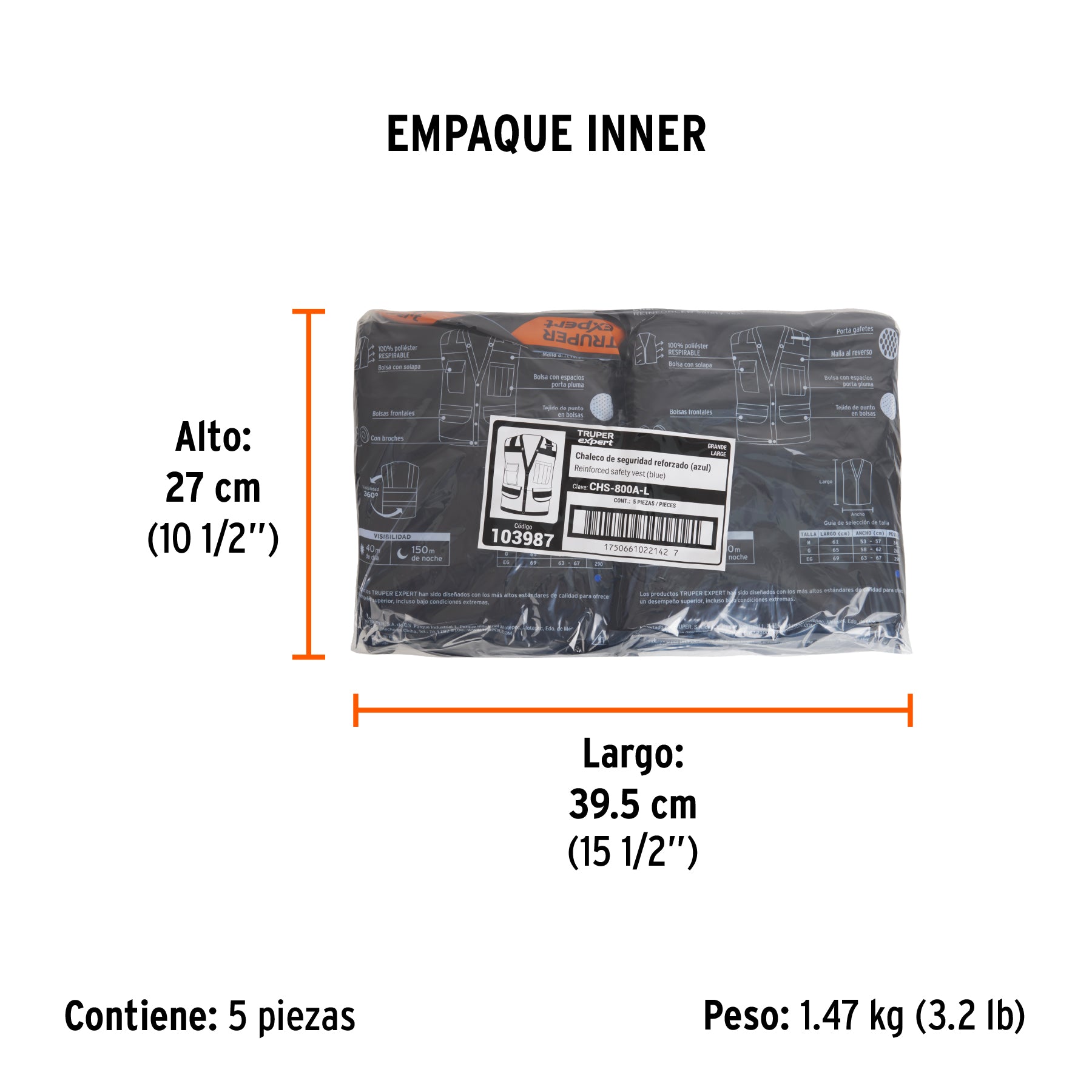 Chaleco seguridad reforzado azul con bolsas, G, EXPERT - Empaque