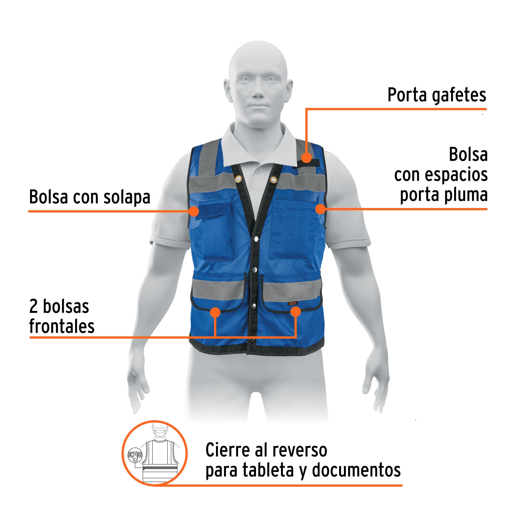Chaleco seguridad reforzado azul con bolsas, G, EXPERT