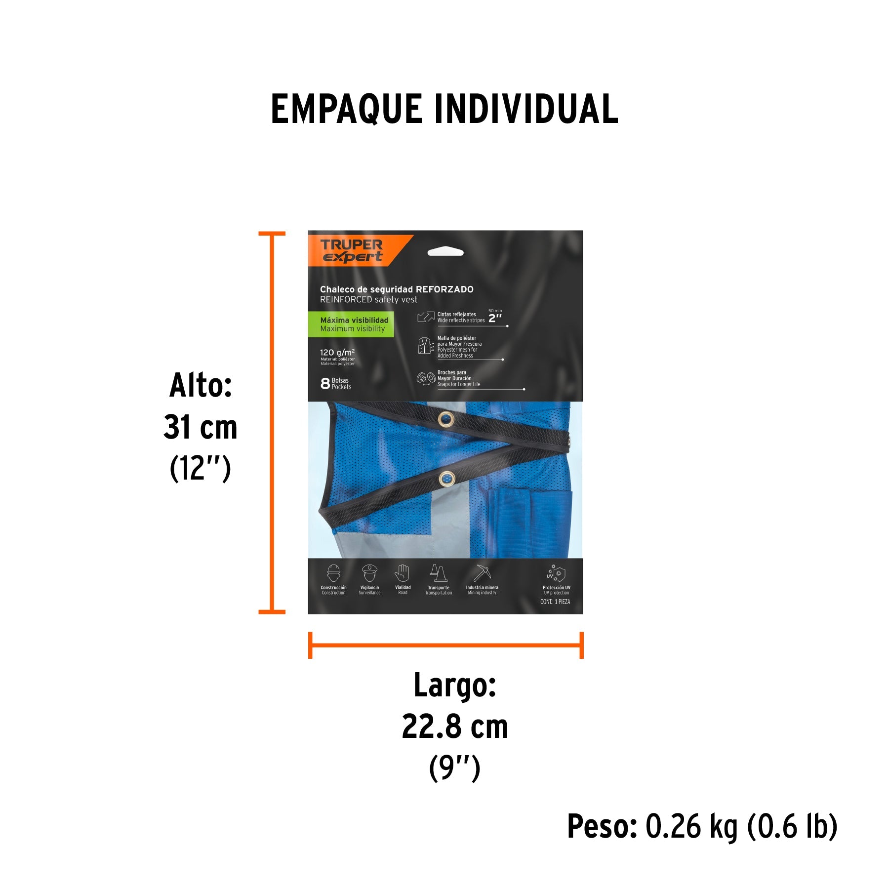 Chaleco seguridad reforzado azul con bolsas, M, EXPERT - Empaque