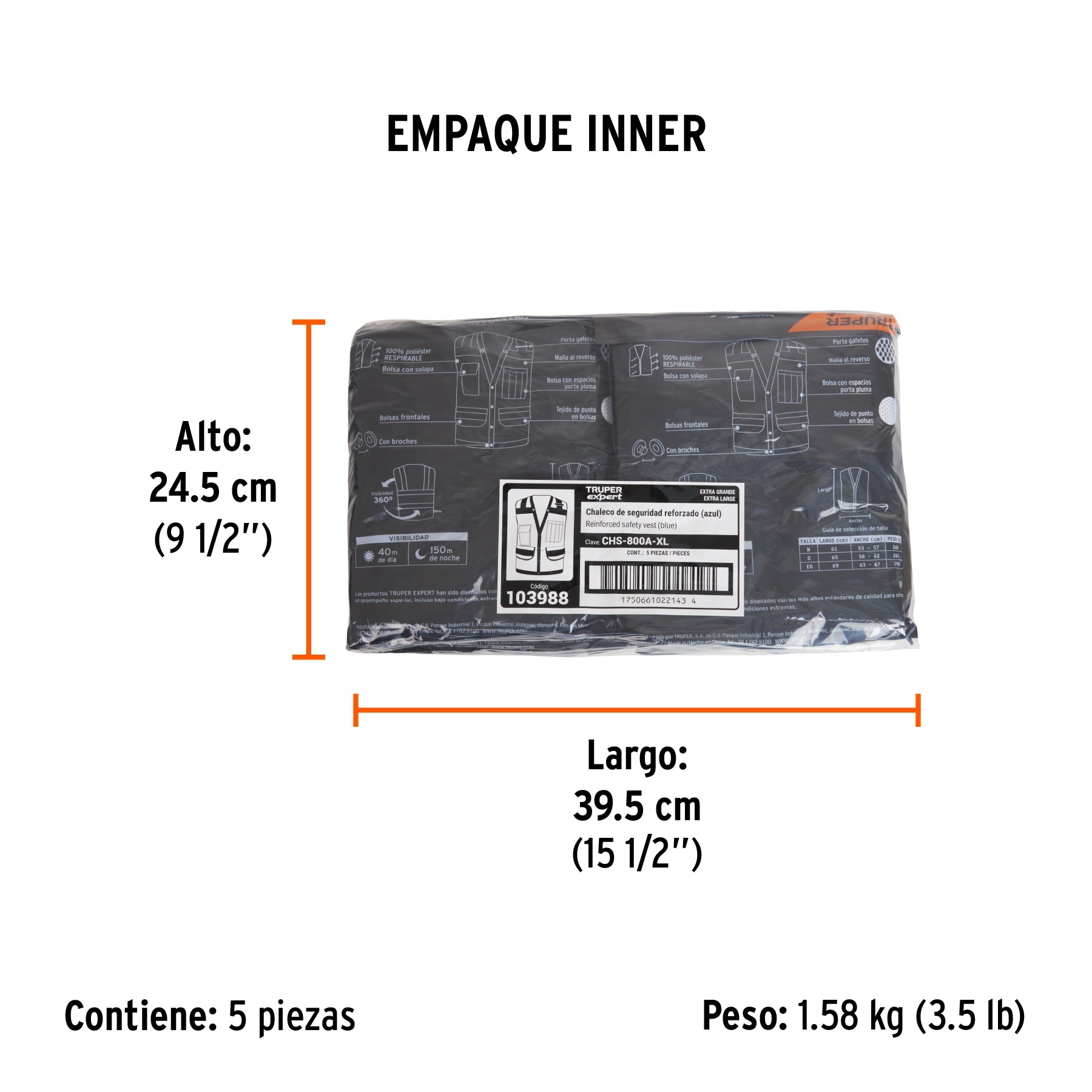 Chaleco seguridad reforzado azul con bolsas, EG, EXPERT - Empaque