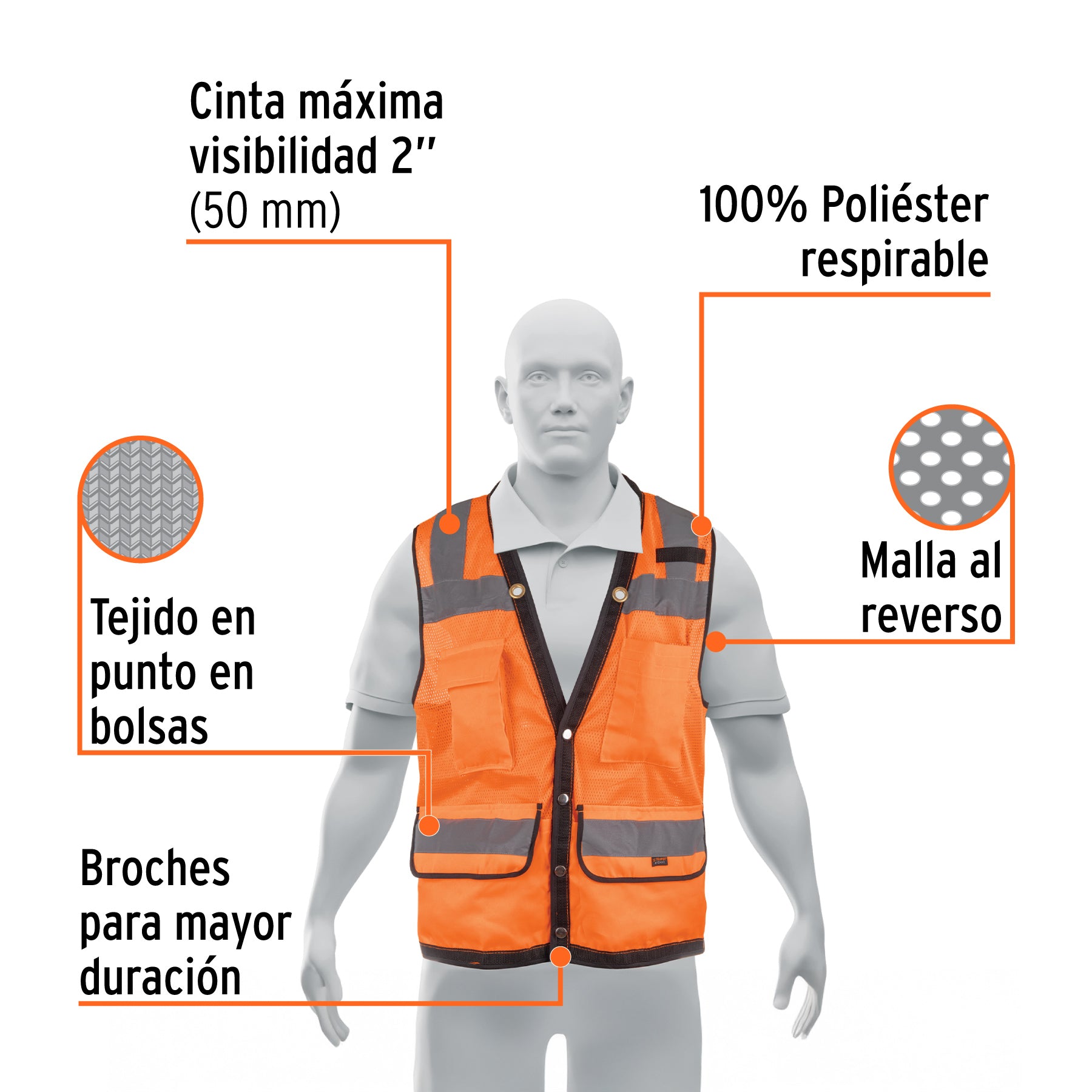 Chaleco seguridad reforzado naranja con bolsas, G, EXPERT