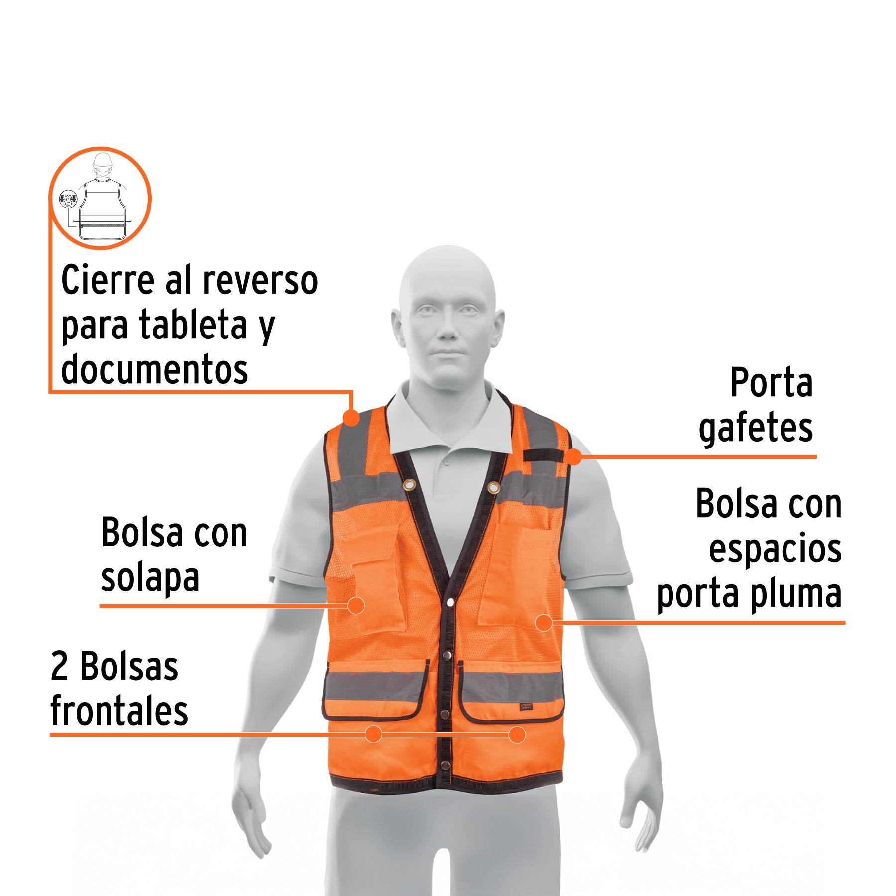 Chaleco seguridad reforzado naranja con bolsas, G, EXPERT
