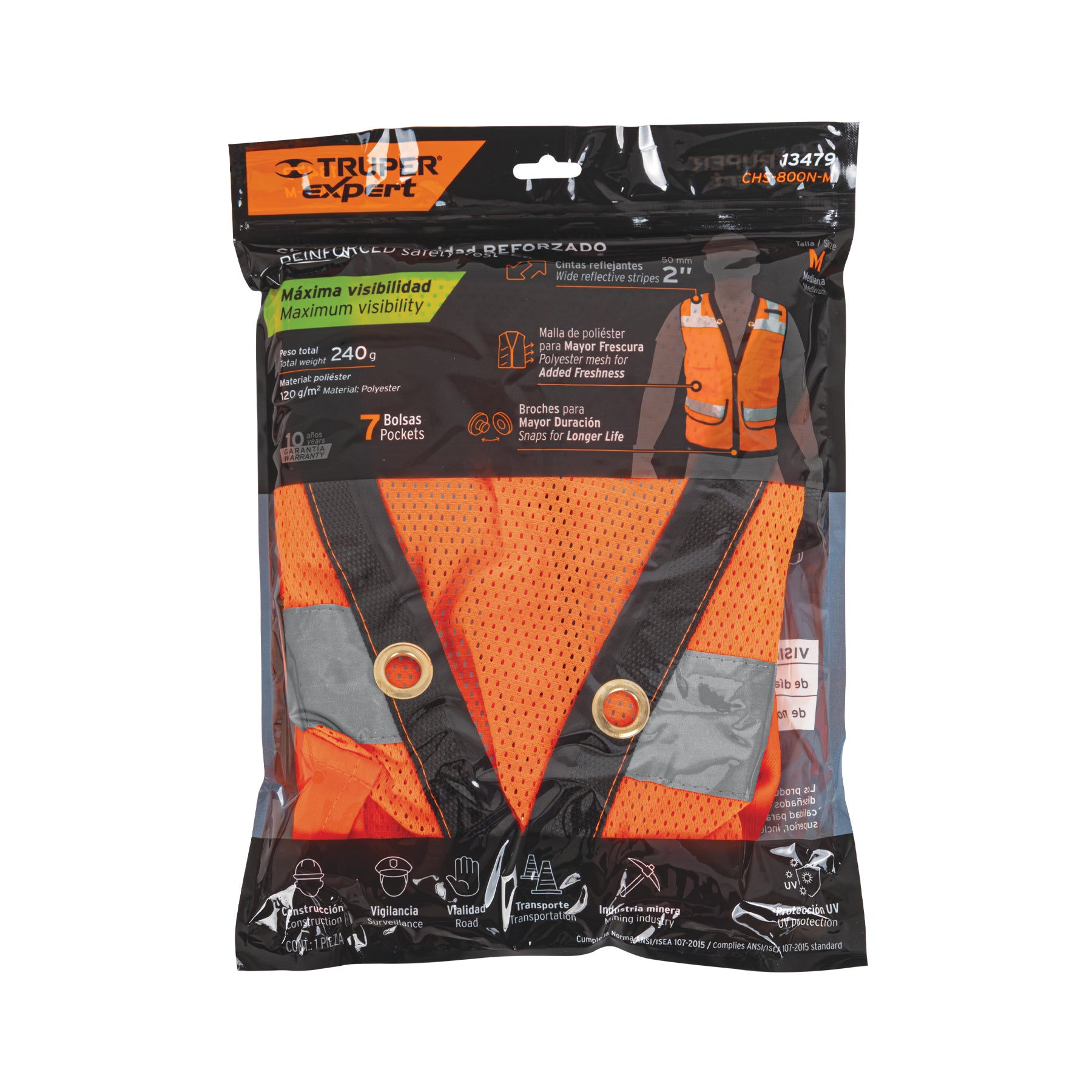 Chaleco seguridad reforzado naranja con bolsas, M, EXPERT