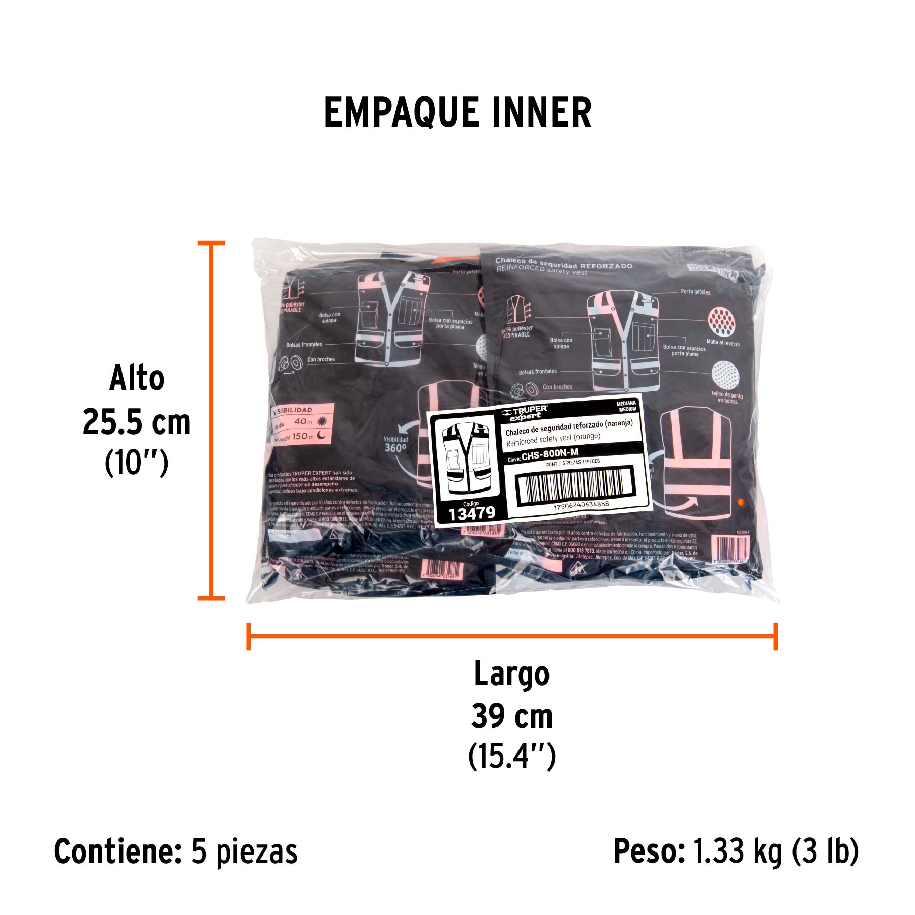Chaleco seguridad reforzado naranja con bolsas, M, EXPERT - Empaque