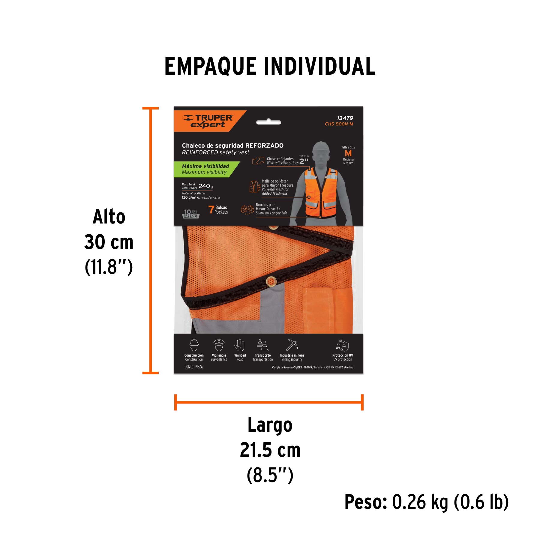 Chaleco seguridad reforzado naranja con bolsas, M, EXPERT - Empaque