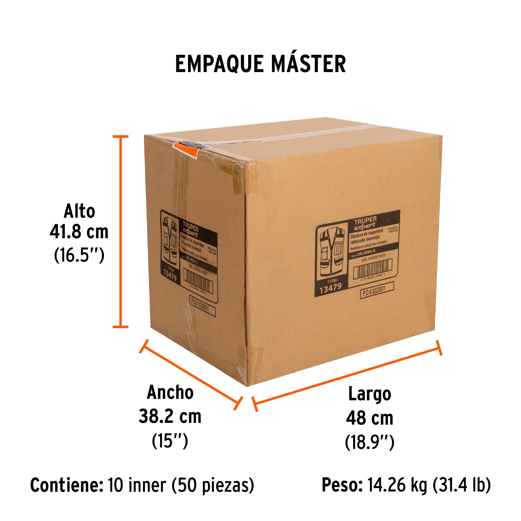 Chaleco seguridad reforzado naranja con bolsas, M, EXPERT - Empaque