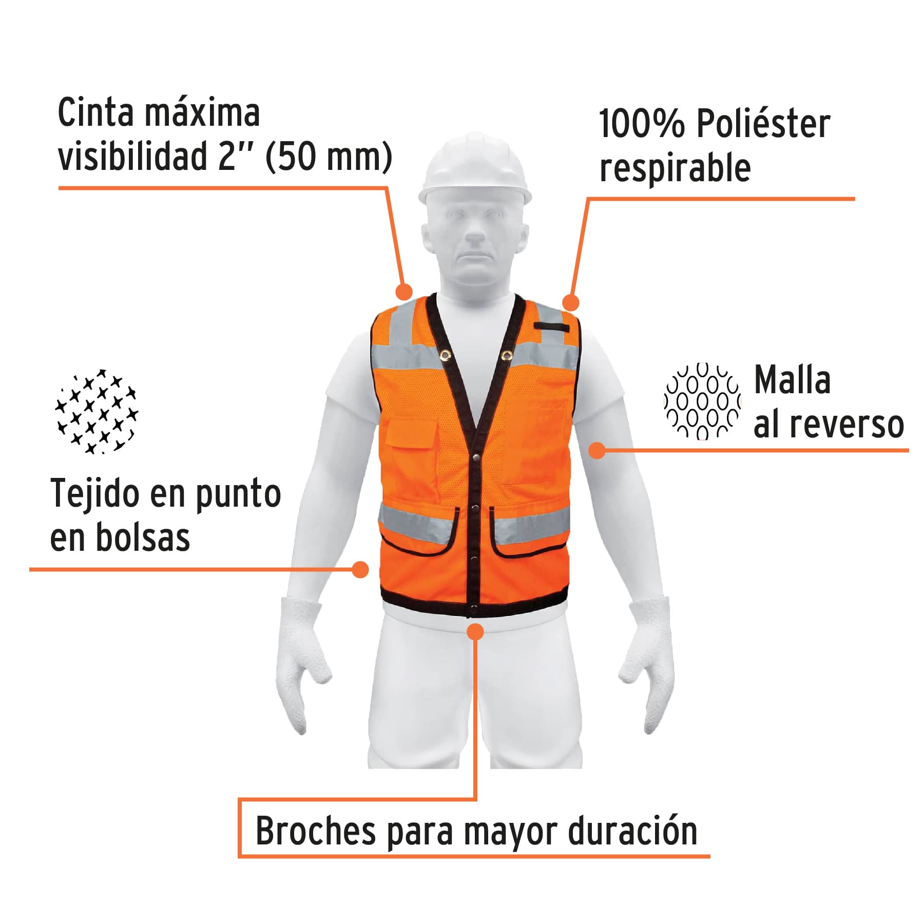 Chaleco seguridad reforzado naranja con bolsas, EG, EXPERT