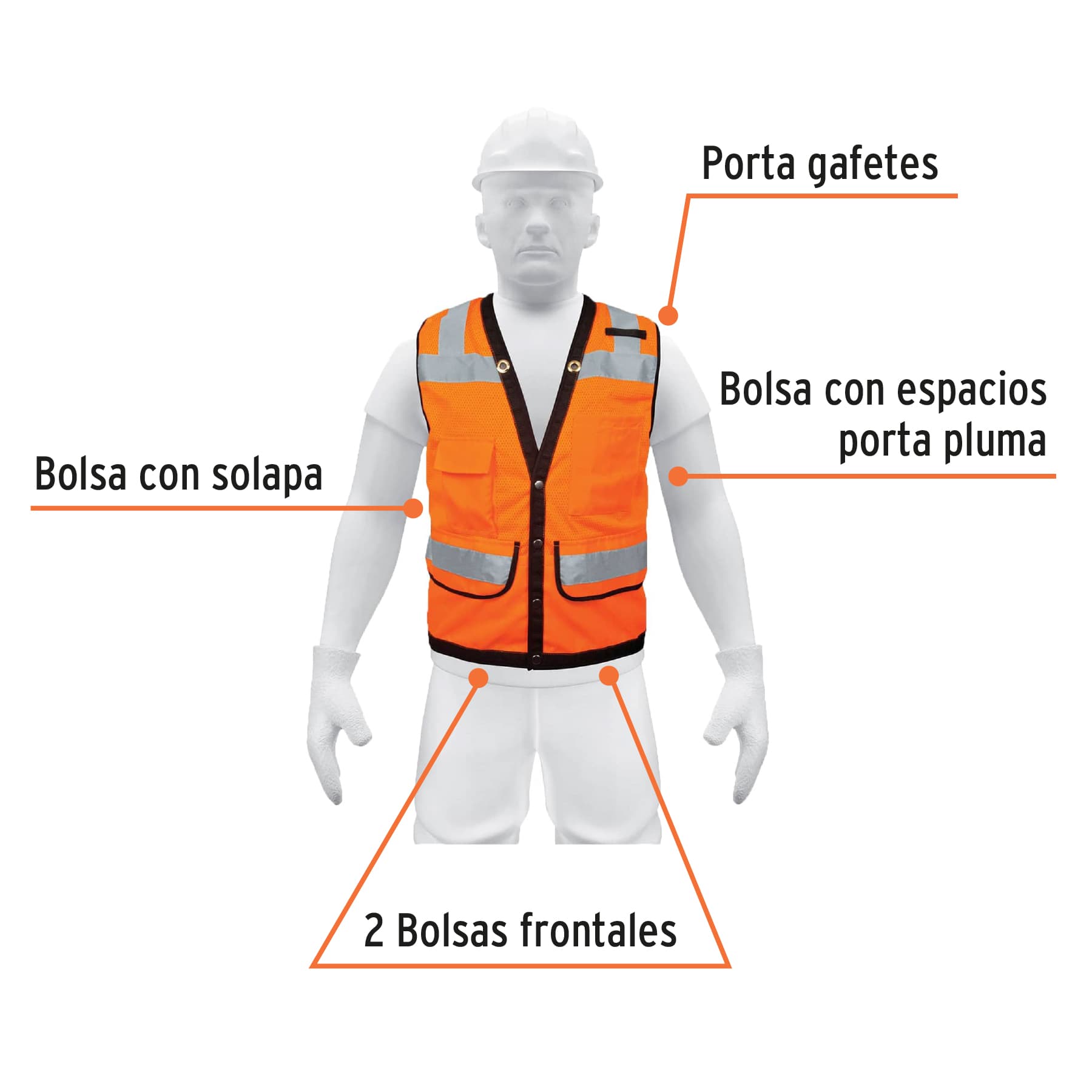 Chaleco seguridad reforzado naranja con bolsas, EG, EXPERT