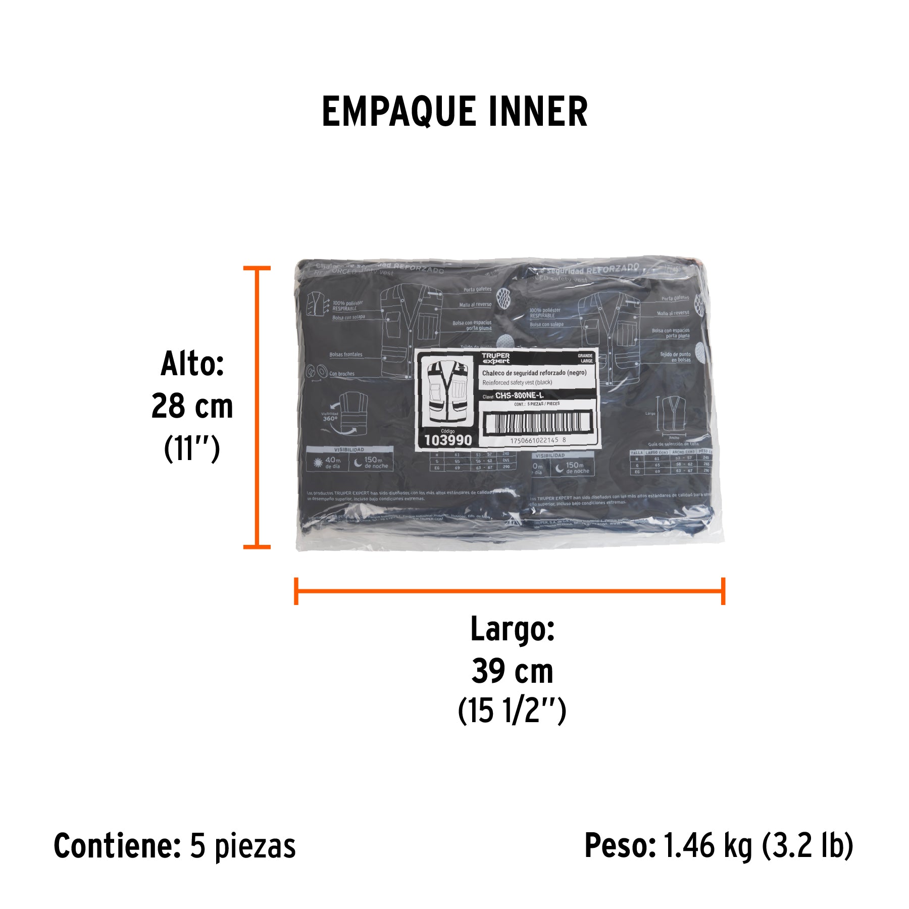 Chaleco seguridad reforzado negro con bolsas, G, EXPERT - Empaque