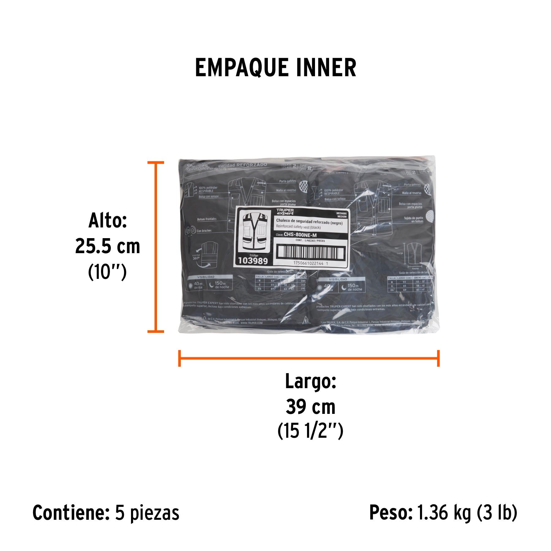 Chaleco seguridad reforzado negro con bolsas, M, EXPERT - Empaque