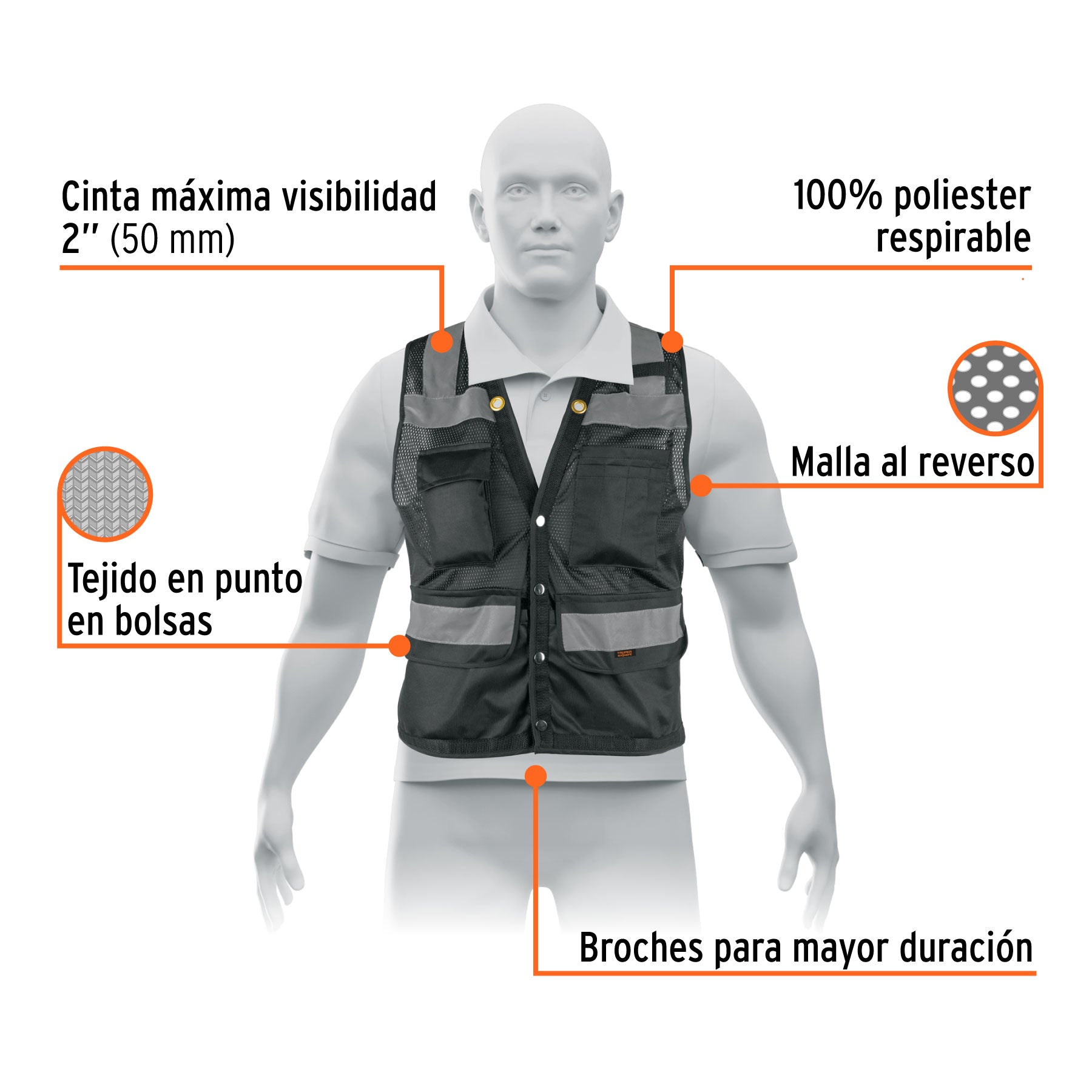 Chaleco seguridad reforzado negro con bolsas, M, EXPERT