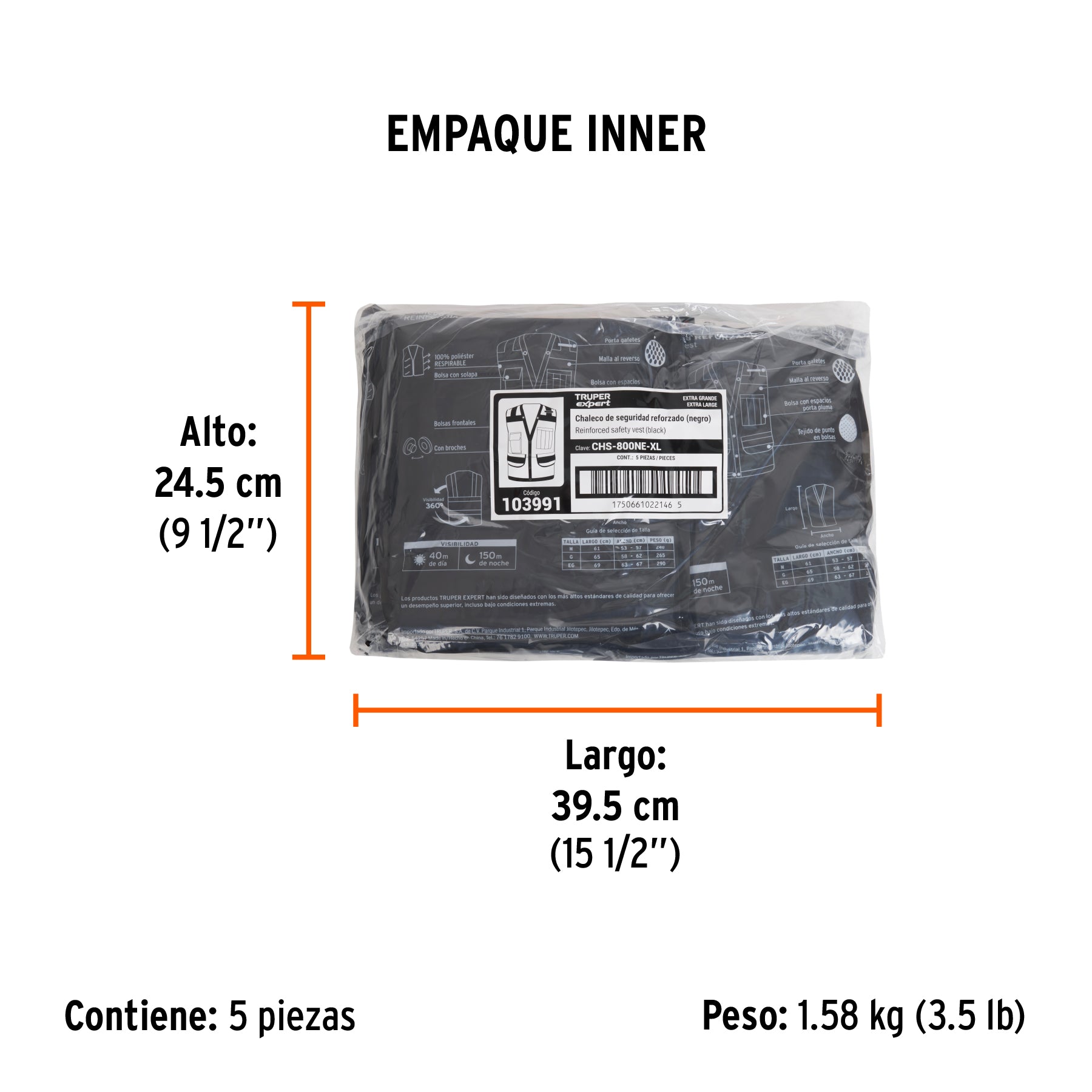 Chaleco seguridad reforzado negro con bolsas, EG, EXPERT - Empaque
