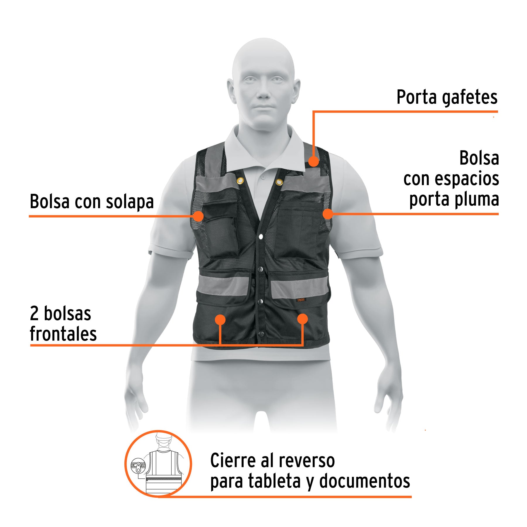 Chaleco seguridad reforzado negro con bolsas, EG, EXPERT