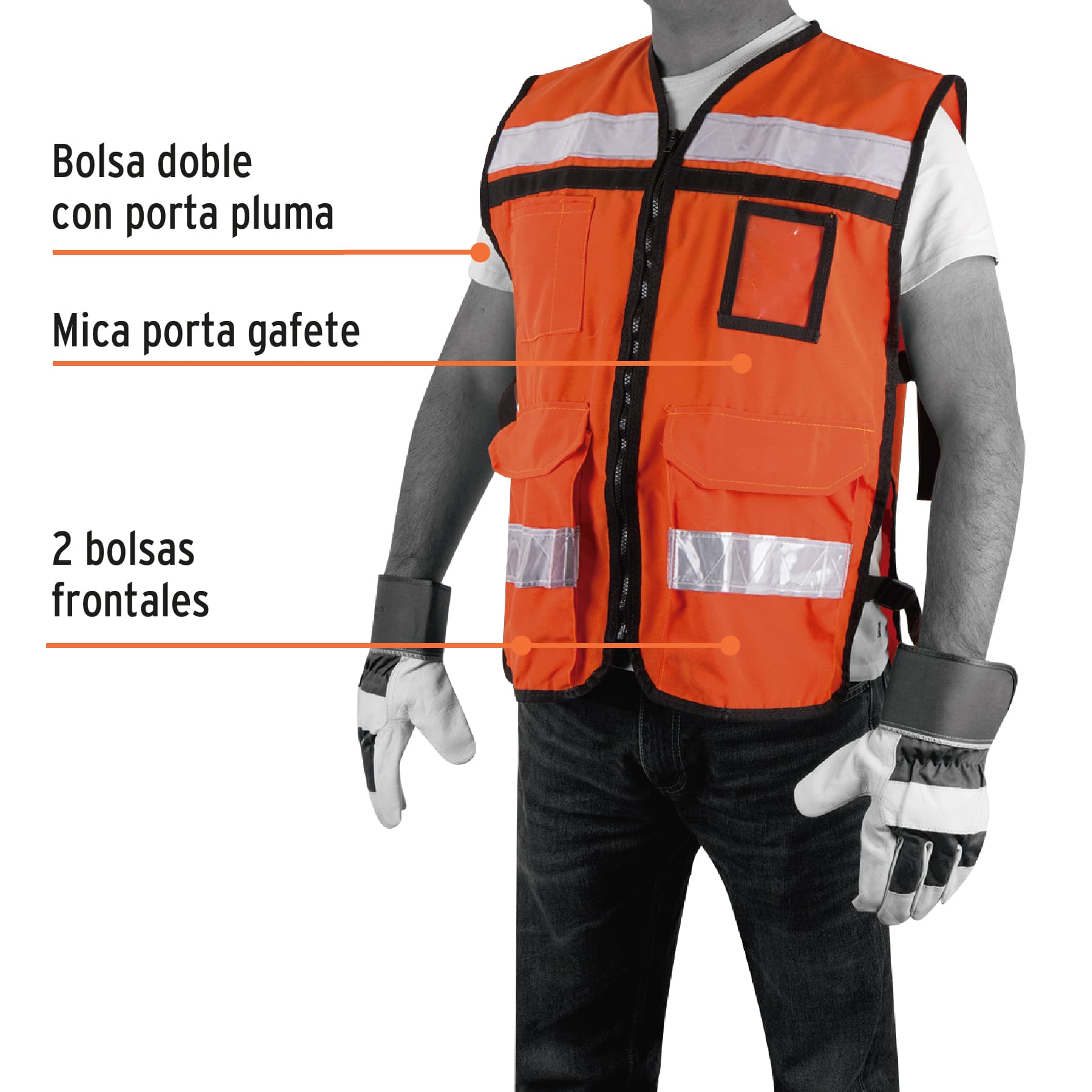 Chaleco brigadista con cintas reflejantes, color naranja