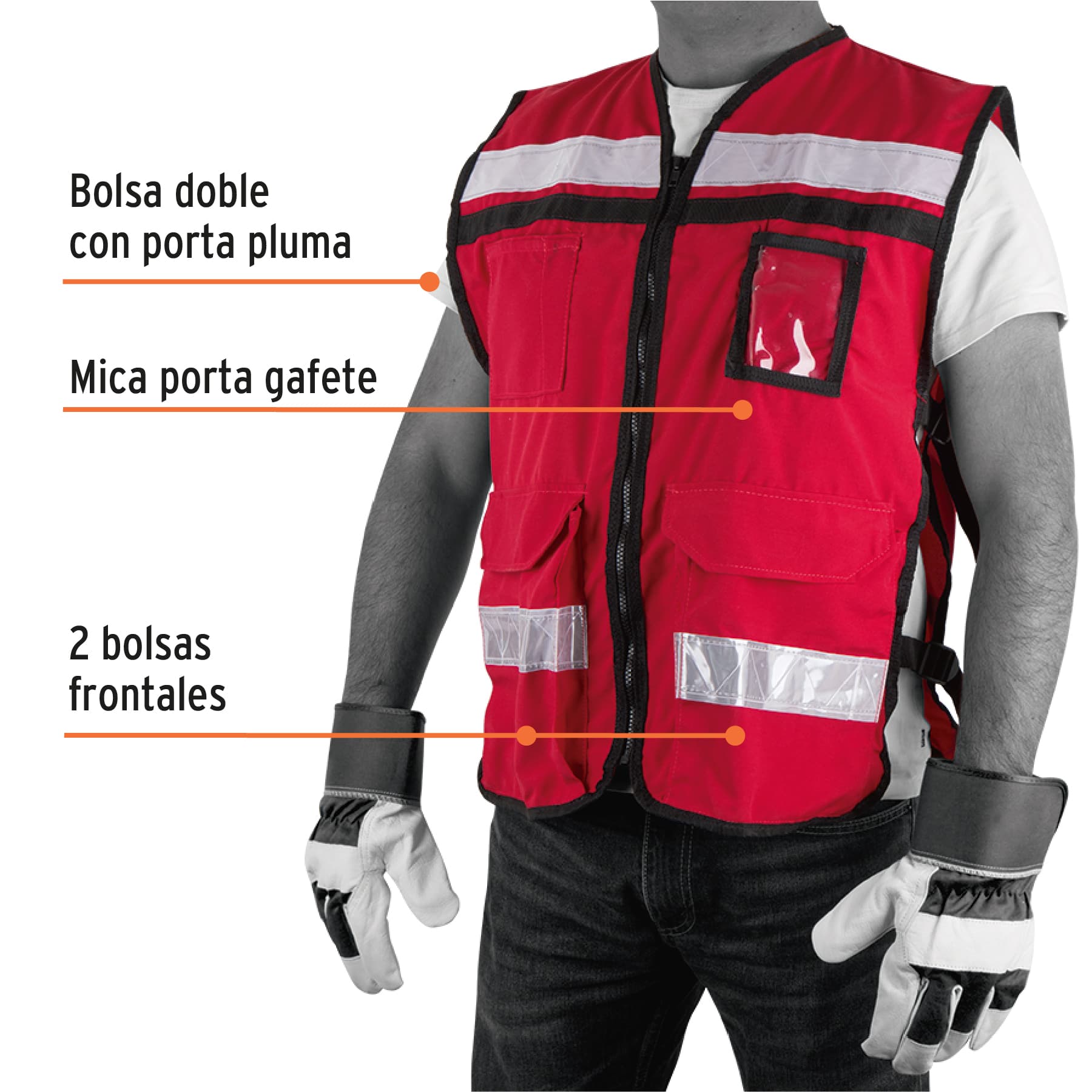 Chaleco brigadista con cintas reflejantes, color rojo