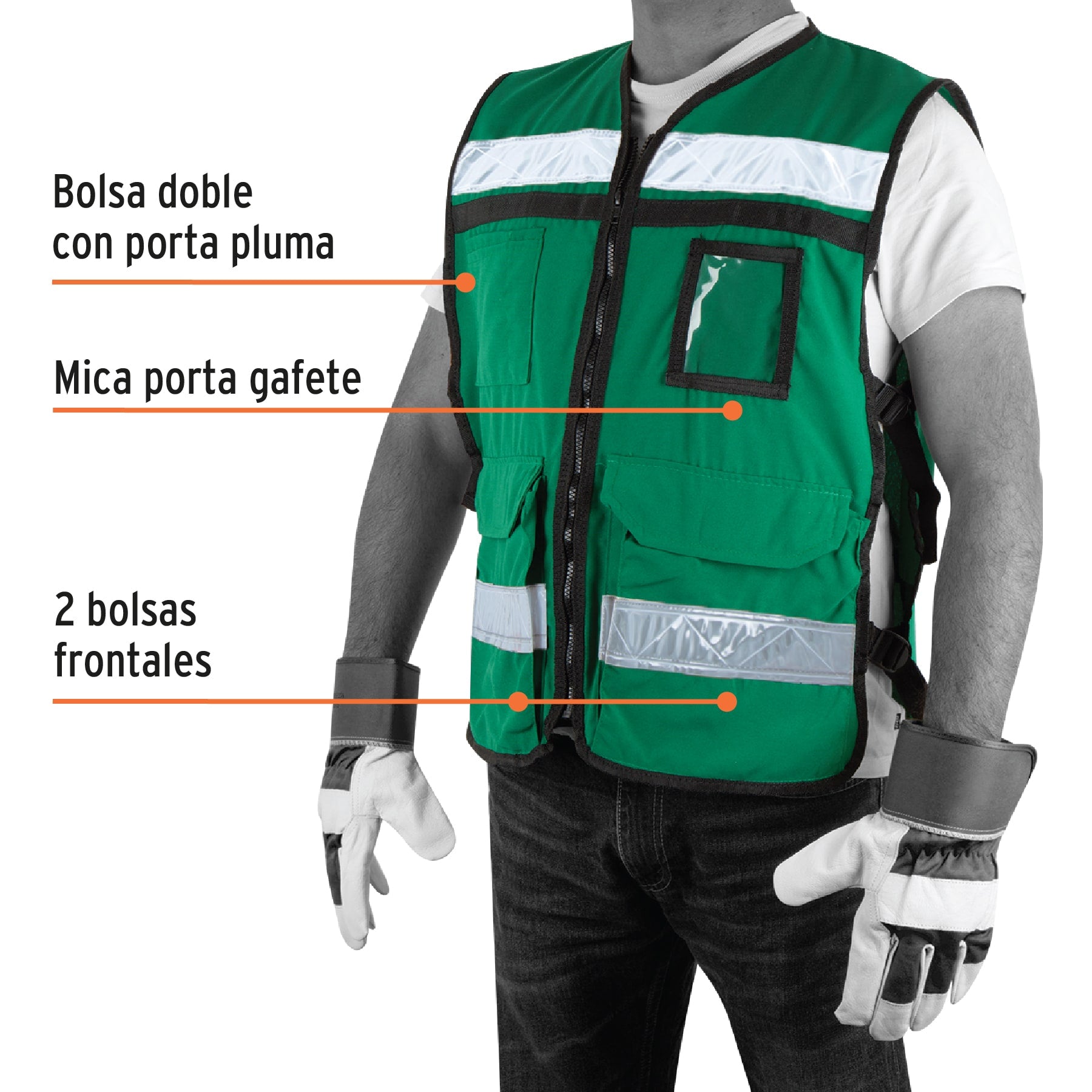 Chaleco brigadista con cintas reflejantes, color verde