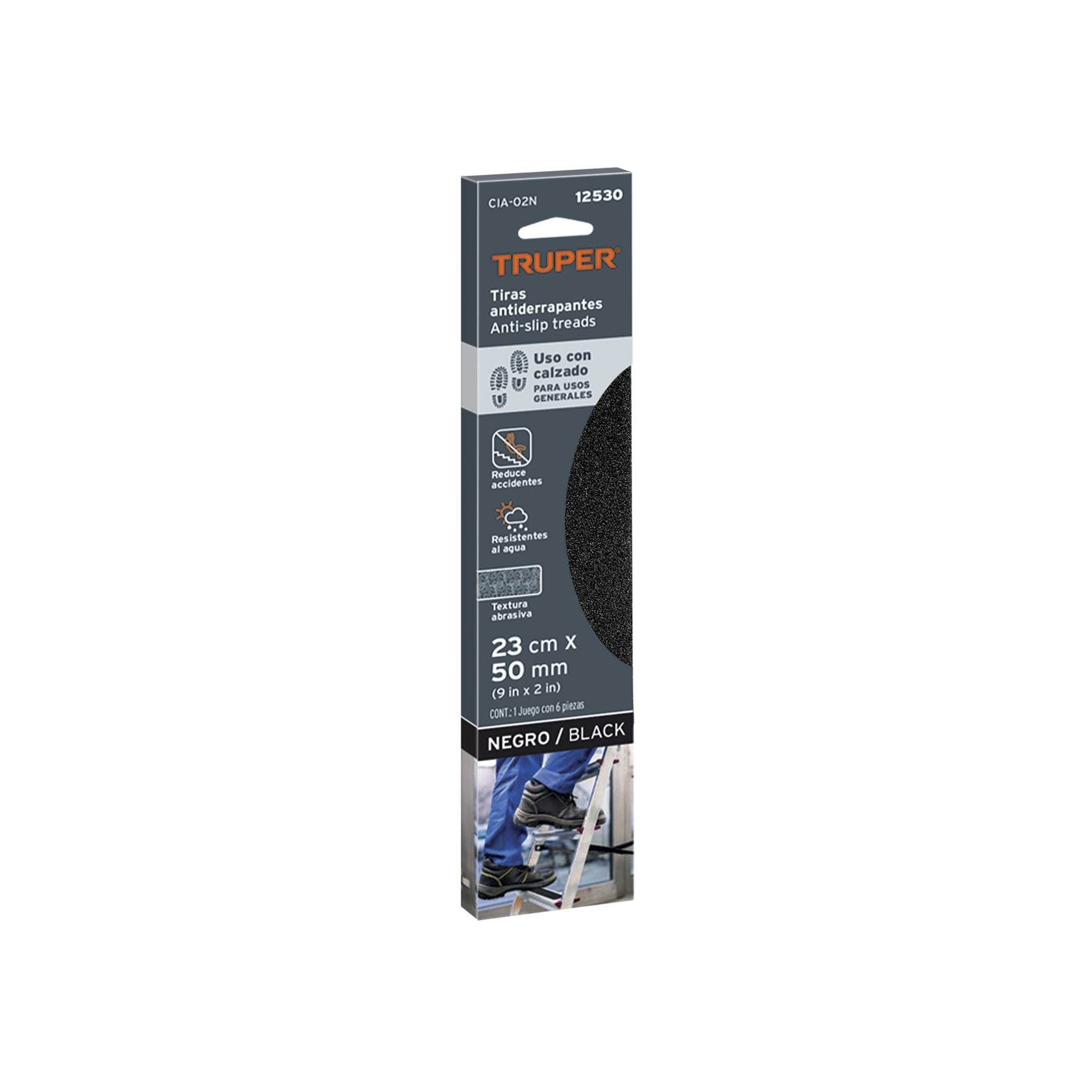 Tarjeta 6 tiras 23cm antiderrapantes negras 50mm c/abrasivo