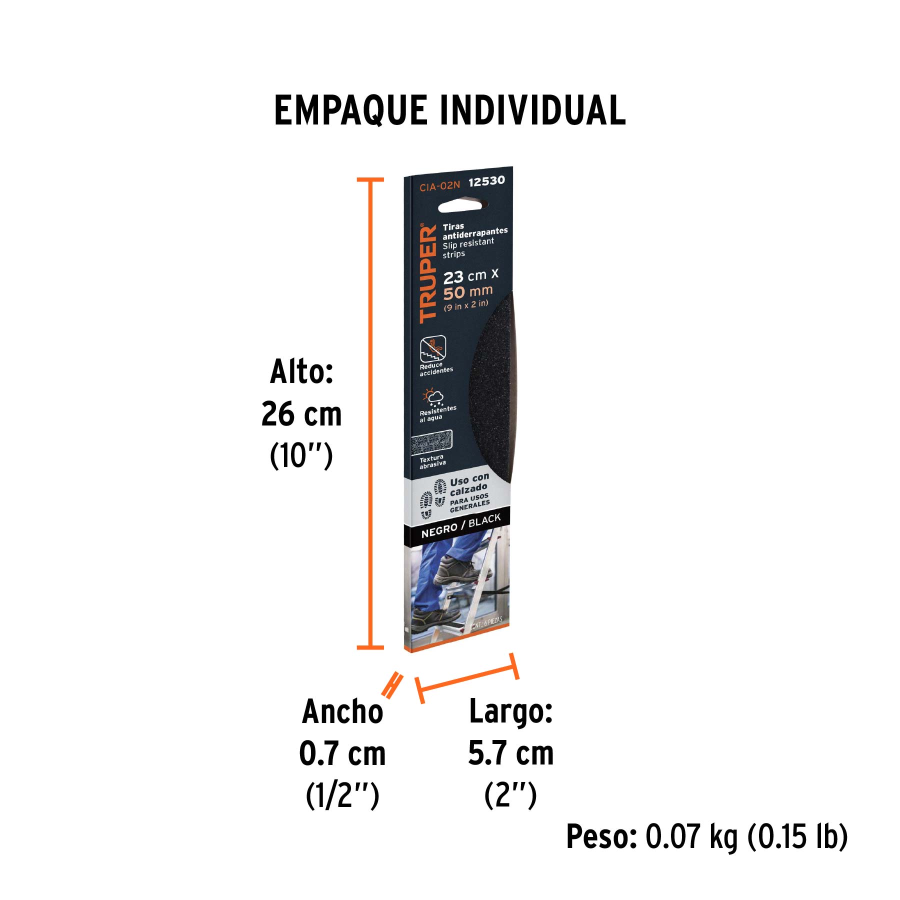 Tarjeta 6 tiras 23cm antiderrapantes negras 50mm c/abrasivo - Empaque