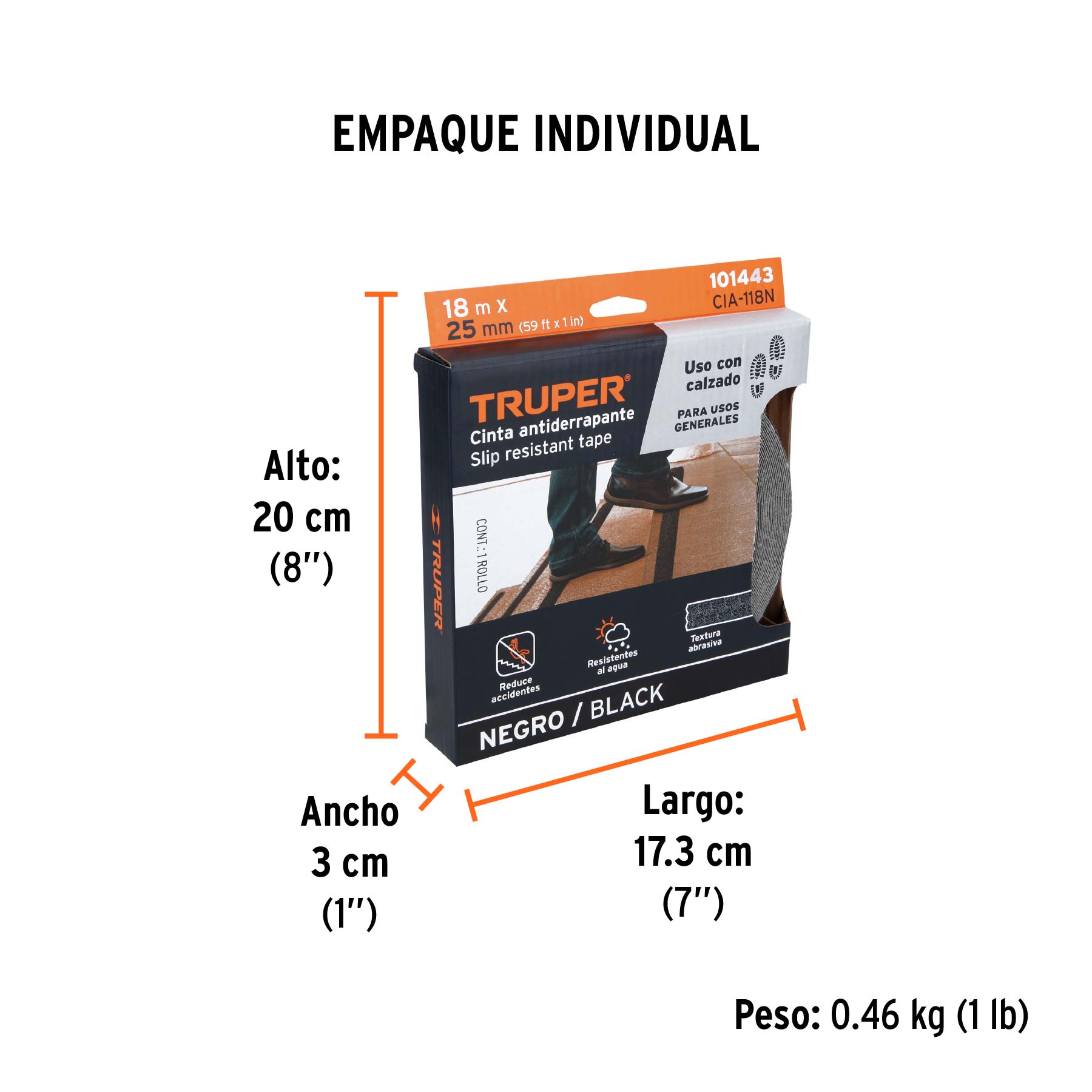 Rollo de 18m de cinta antiderrapante negra 25mm con abrasivo - Empaque