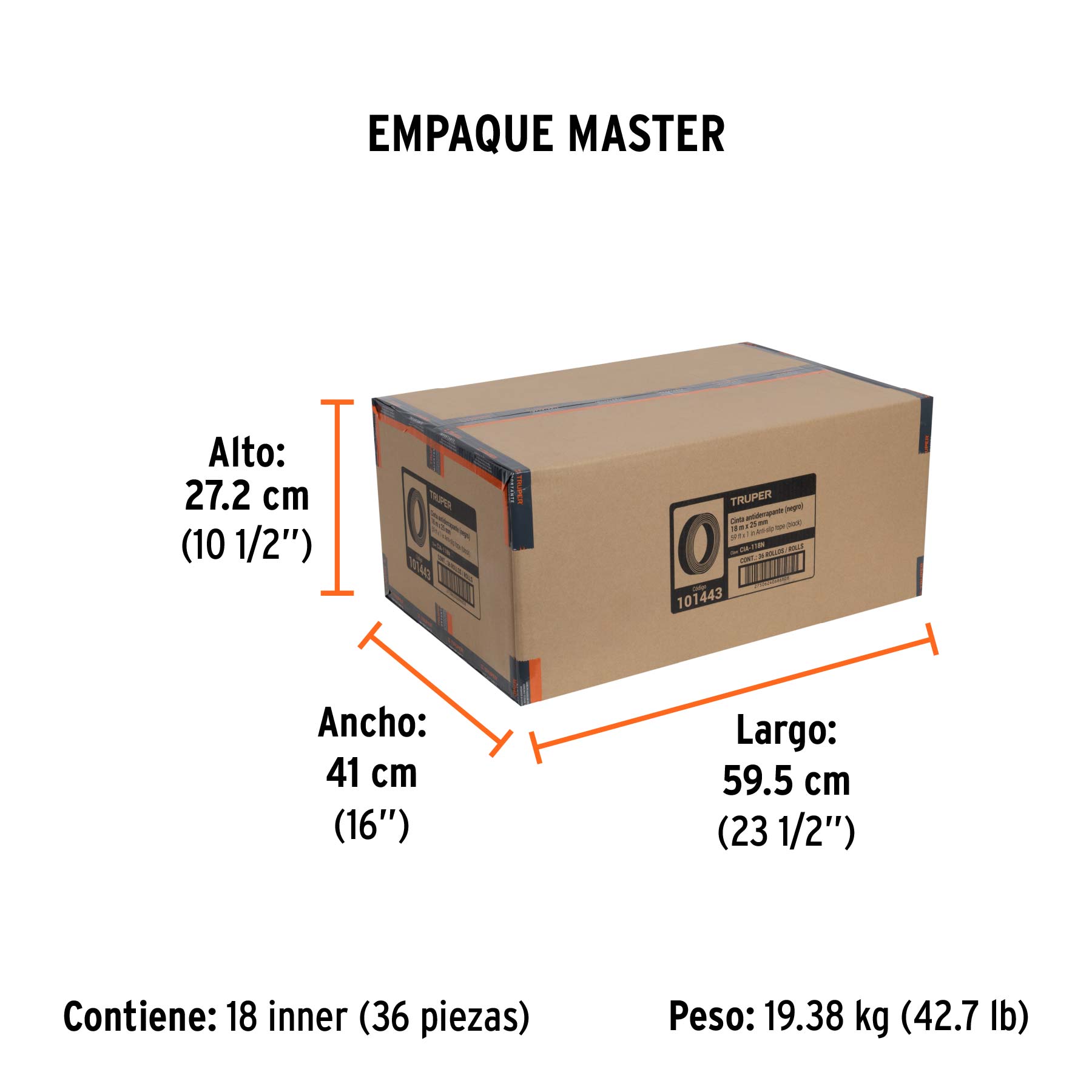 Rollo de 18m de cinta antiderrapante negra 25mm con abrasivo - Empaque