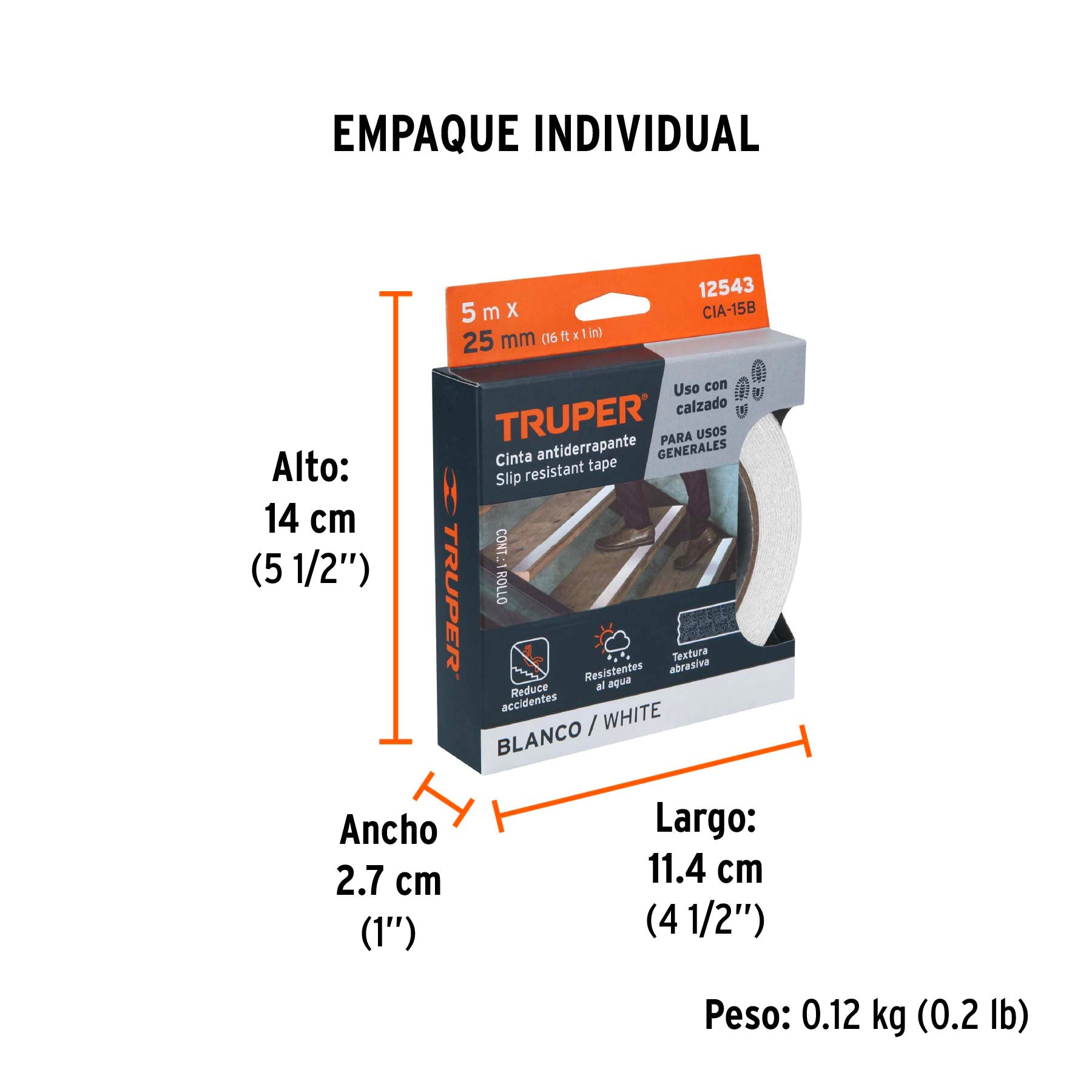 Rollo de 5m de cinta antiderrapante blanca 25mm con abrasivo - Empaque