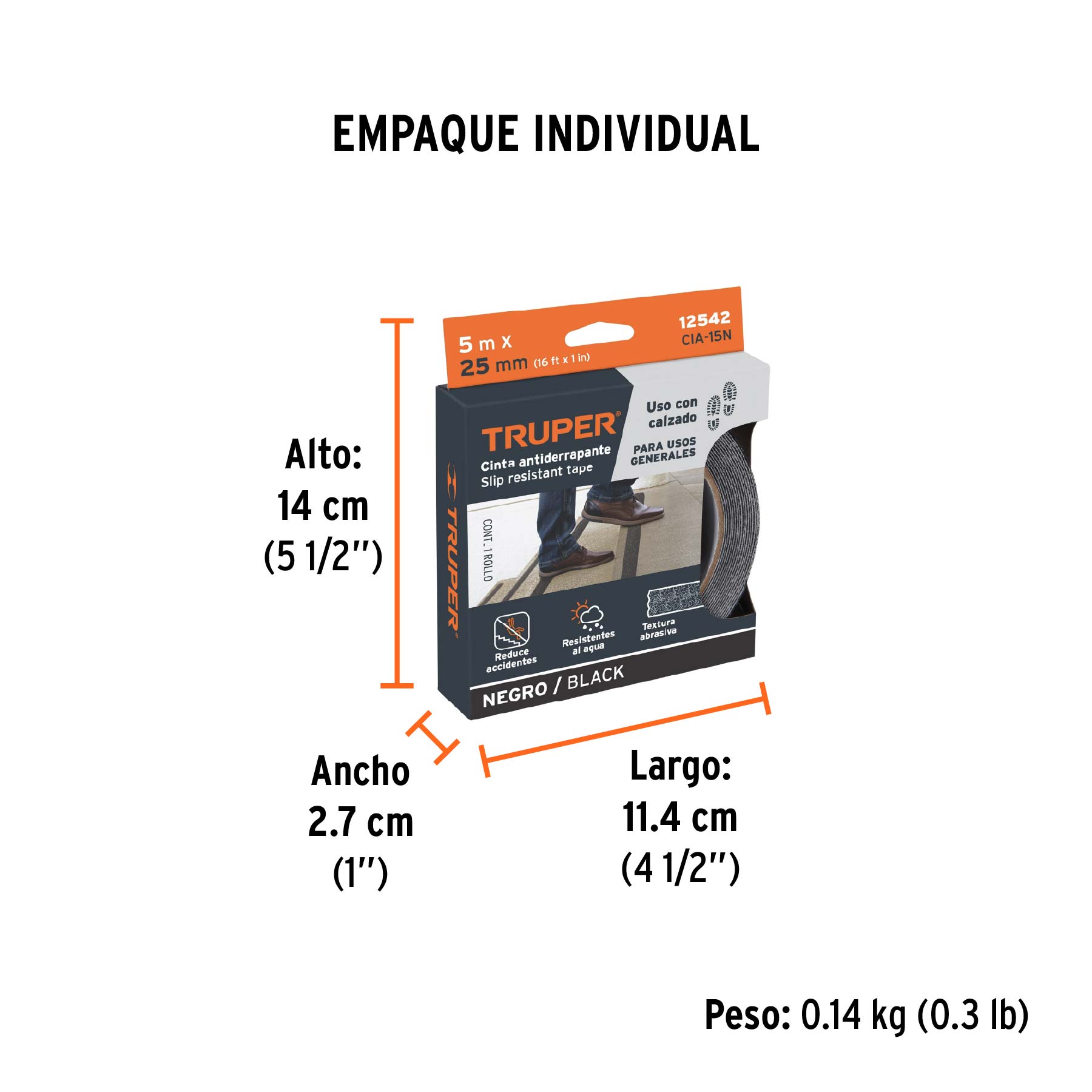 Rollo de 5 m de cinta antiderrapante negra 25mm con abrasivo - Empaque