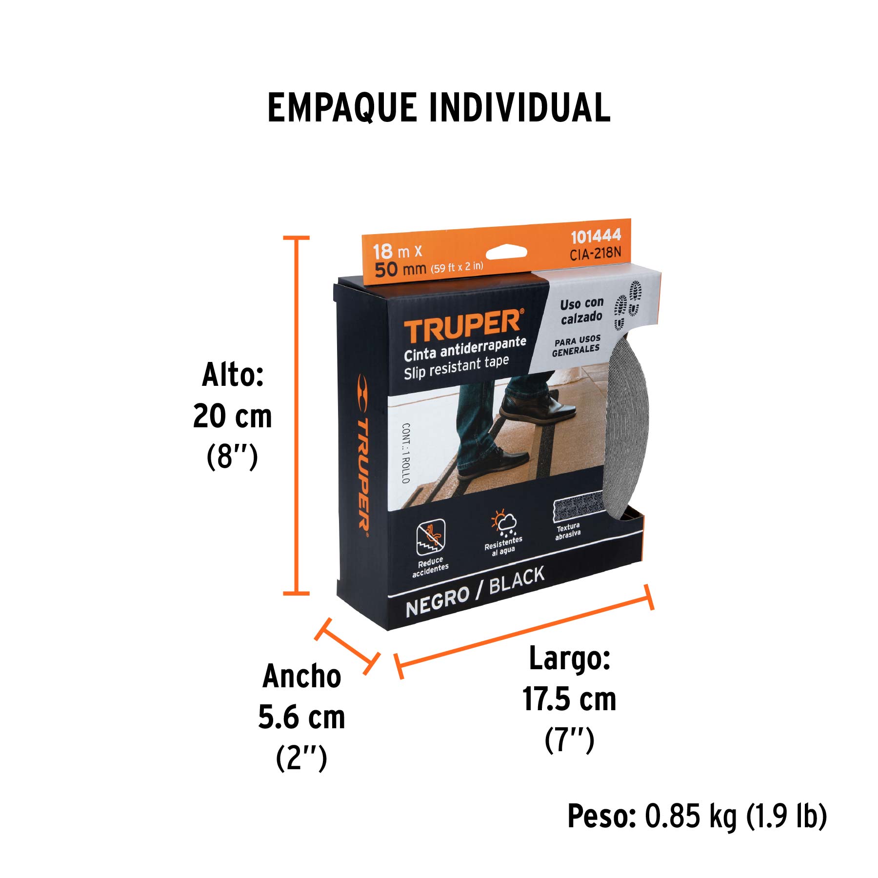Rollo de 18m de cinta antiderrapante negra 50mm con abrasivo - Empaque