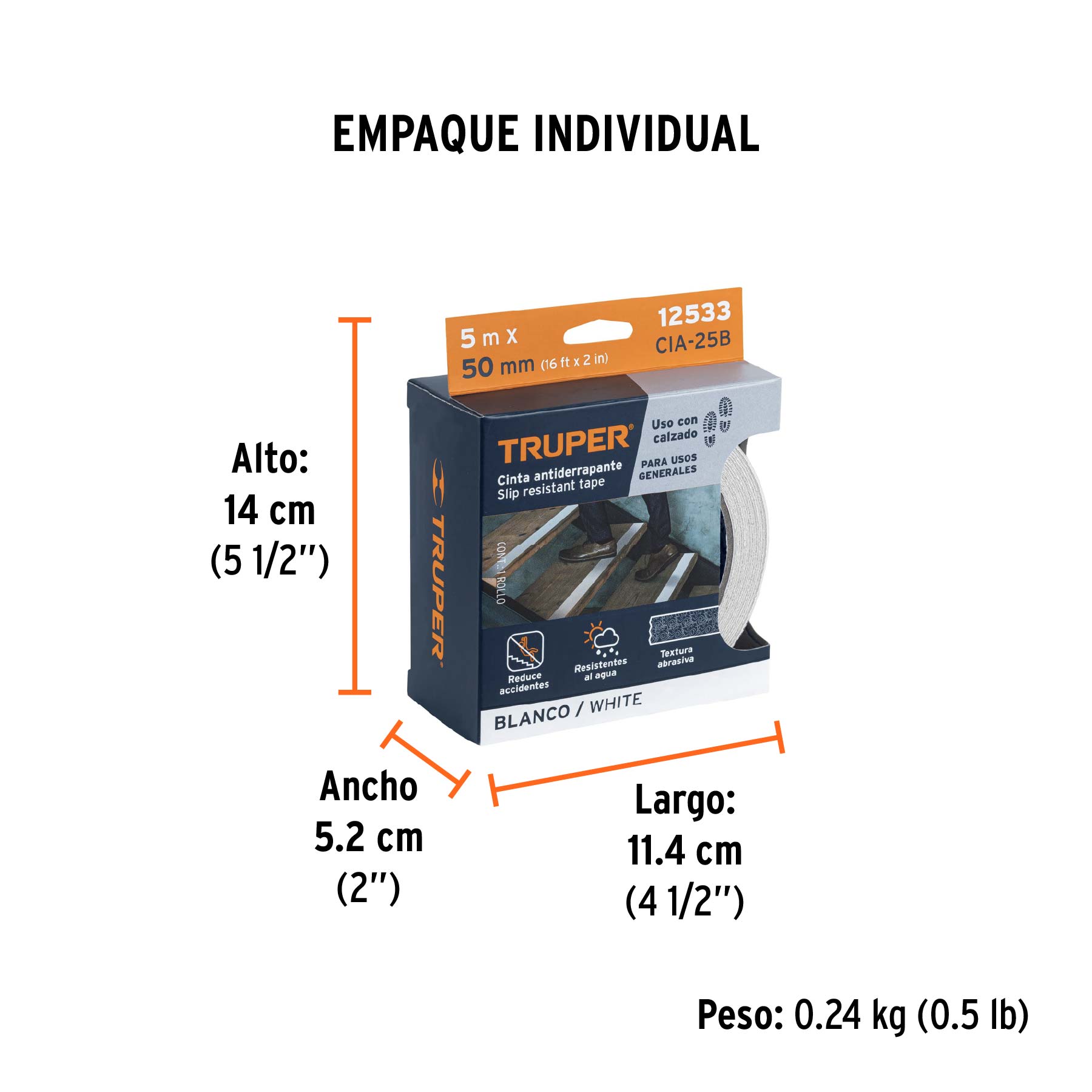 Rollo de 5m de cinta antiderrapante blanca 50mm con abrasivo - Empaque