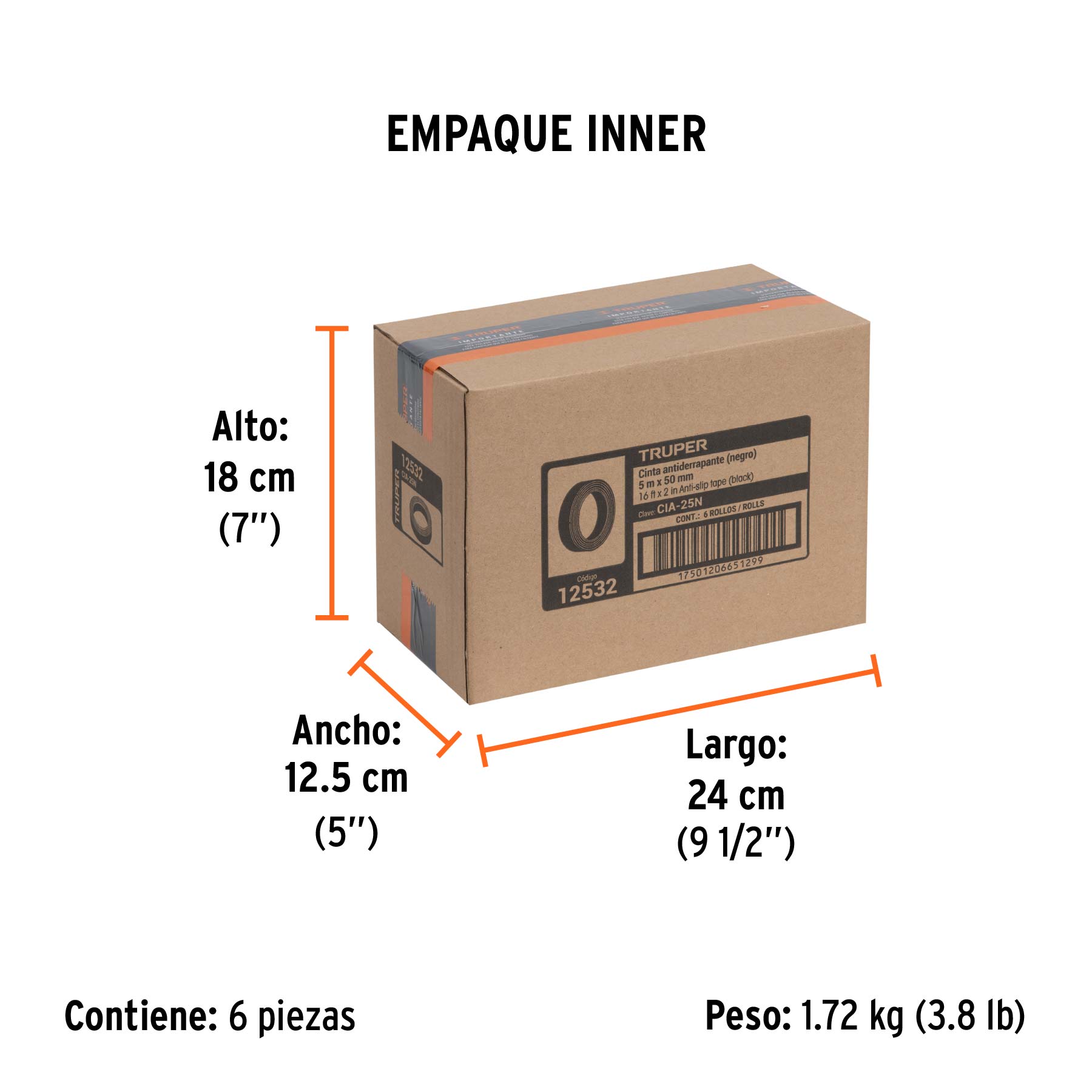 Rollo de 5 m de cinta antiderrapante negra 50mm con abrasivo - Empaque