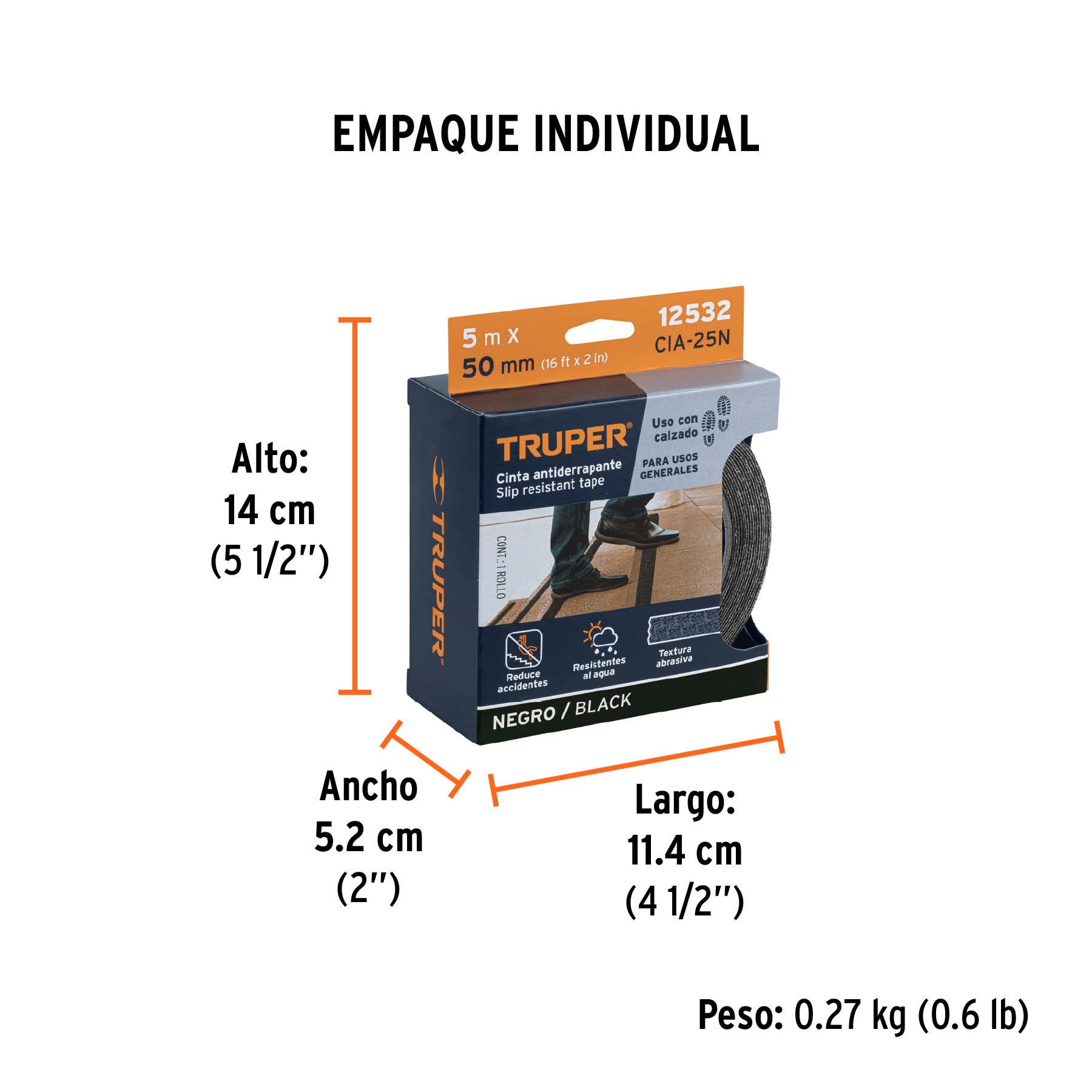 Rollo de 5 m de cinta antiderrapante negra 50mm con abrasivo - Empaque