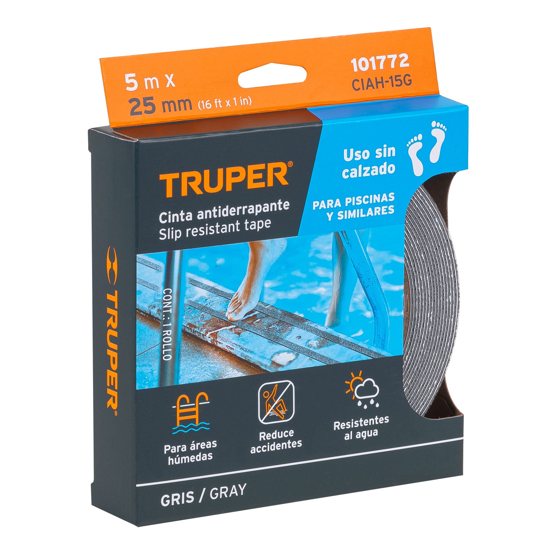 Rollo de 5 m cinta antiderrapante 25mm gris p/áreas húmedas