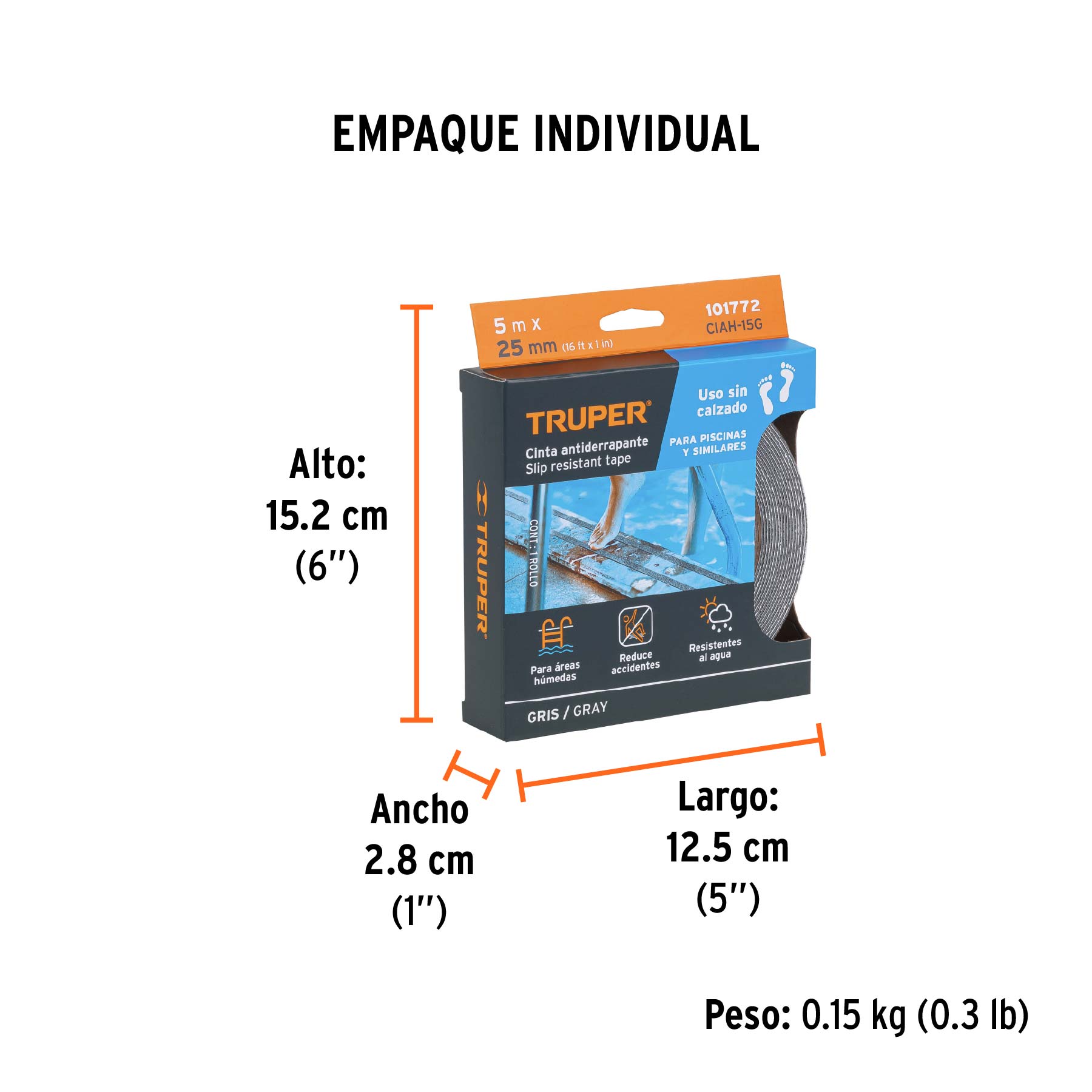 Rollo de 5 m cinta antiderrapante 25mm gris p/áreas húmedas - Empaque