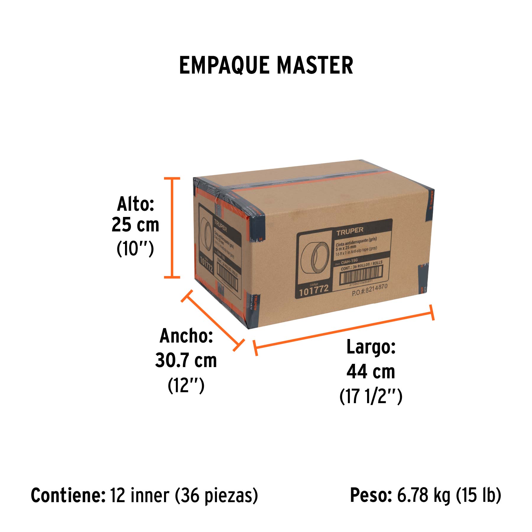 Rollo de 5 m cinta antiderrapante 25mm gris p/áreas húmedas - Empaque