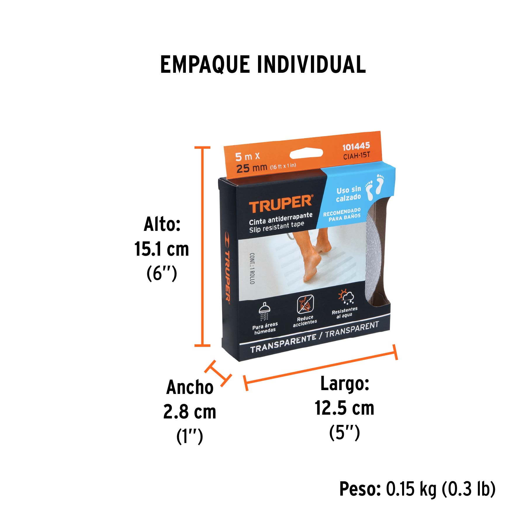 Rollo 5 m cinta antiderrapante transp. 25mm p/áreas húmedas - Empaque