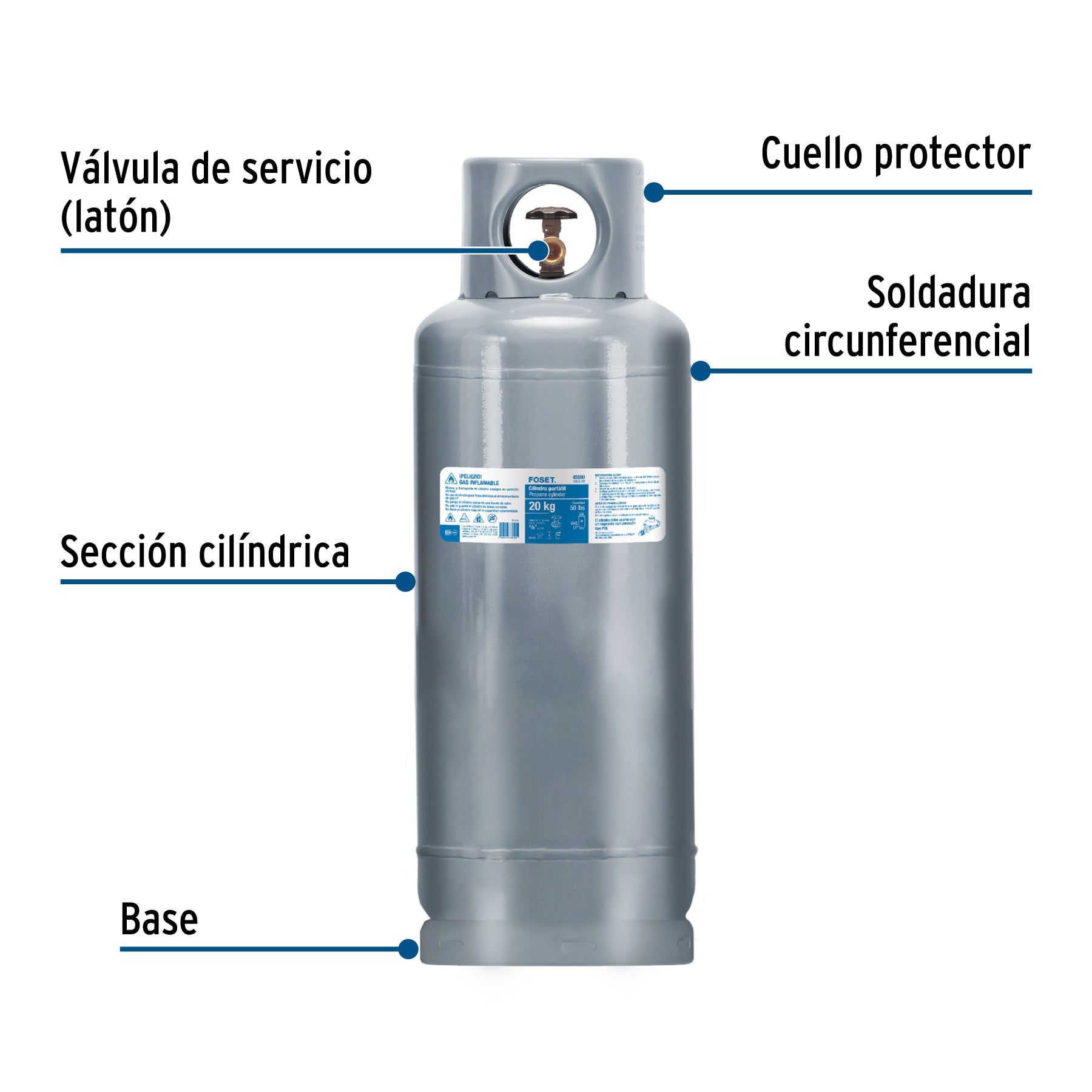 Cilindro portátil para gas LP, 20kg (44lb) FOSET