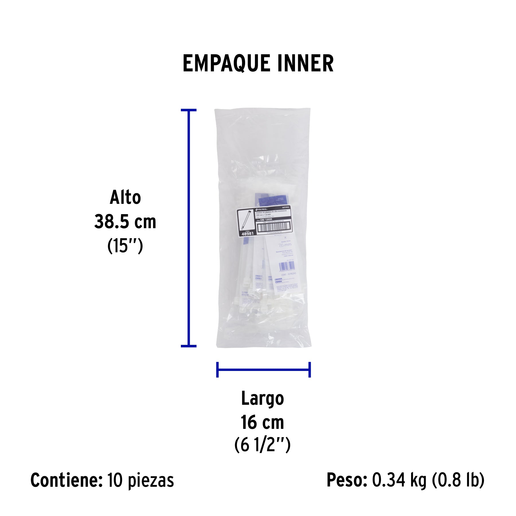 Bolsa con 10 cinchos plásticos 120 lb, 200 x 7.5 mm, natural - Empaque