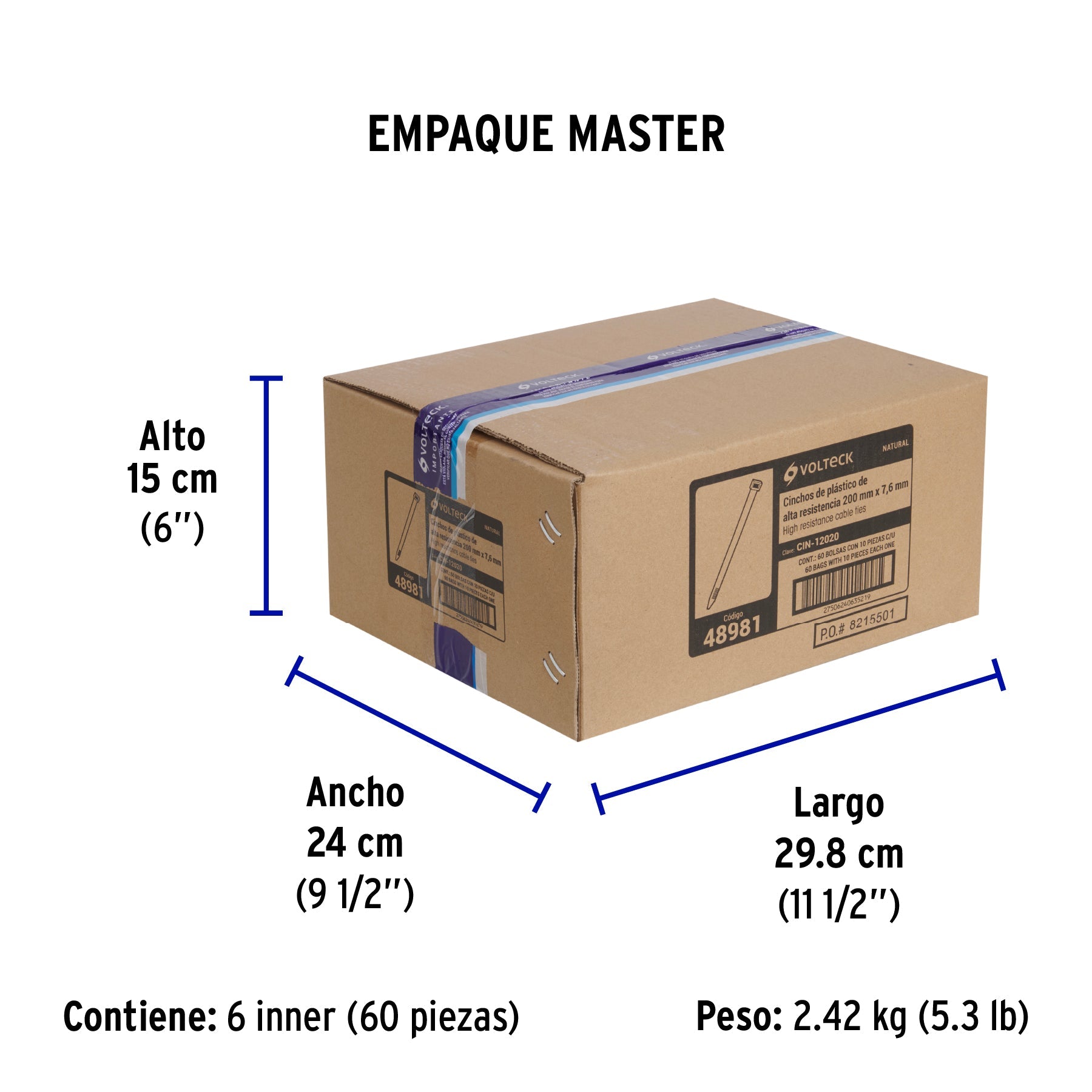 Bolsa con 10 cinchos plásticos 120 lb, 200 x 7.5 mm, natural - Empaque