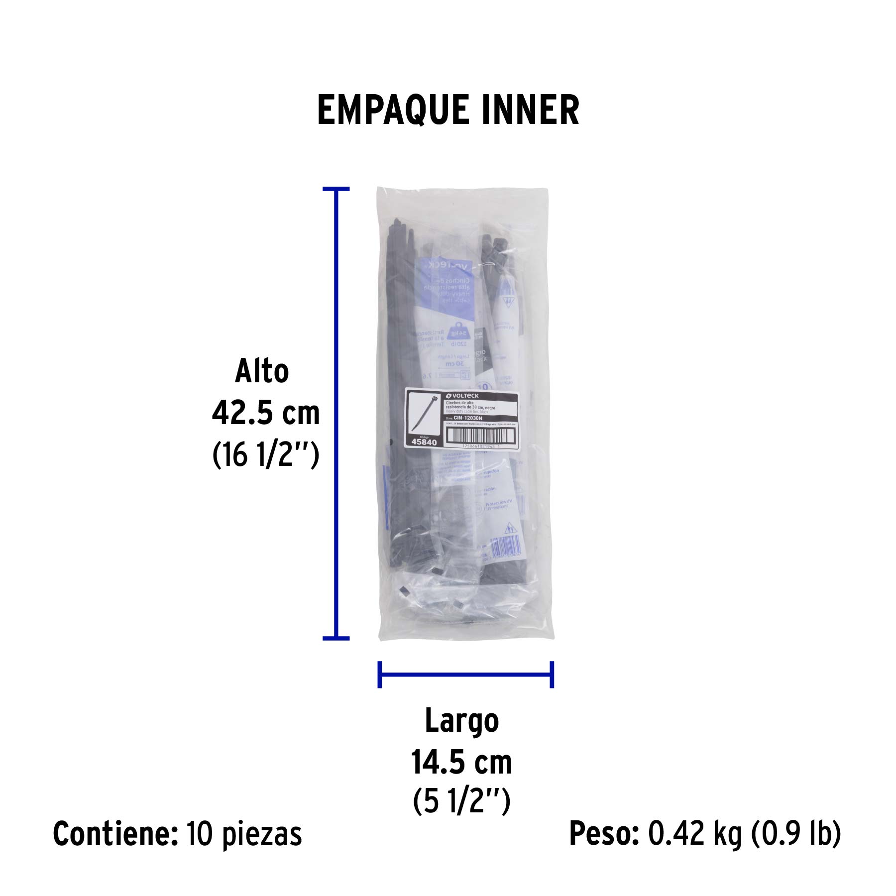 Bolsa con 10 cinchos plásticos 120 lb, 300 x 7.5 mm, negro - Empaque