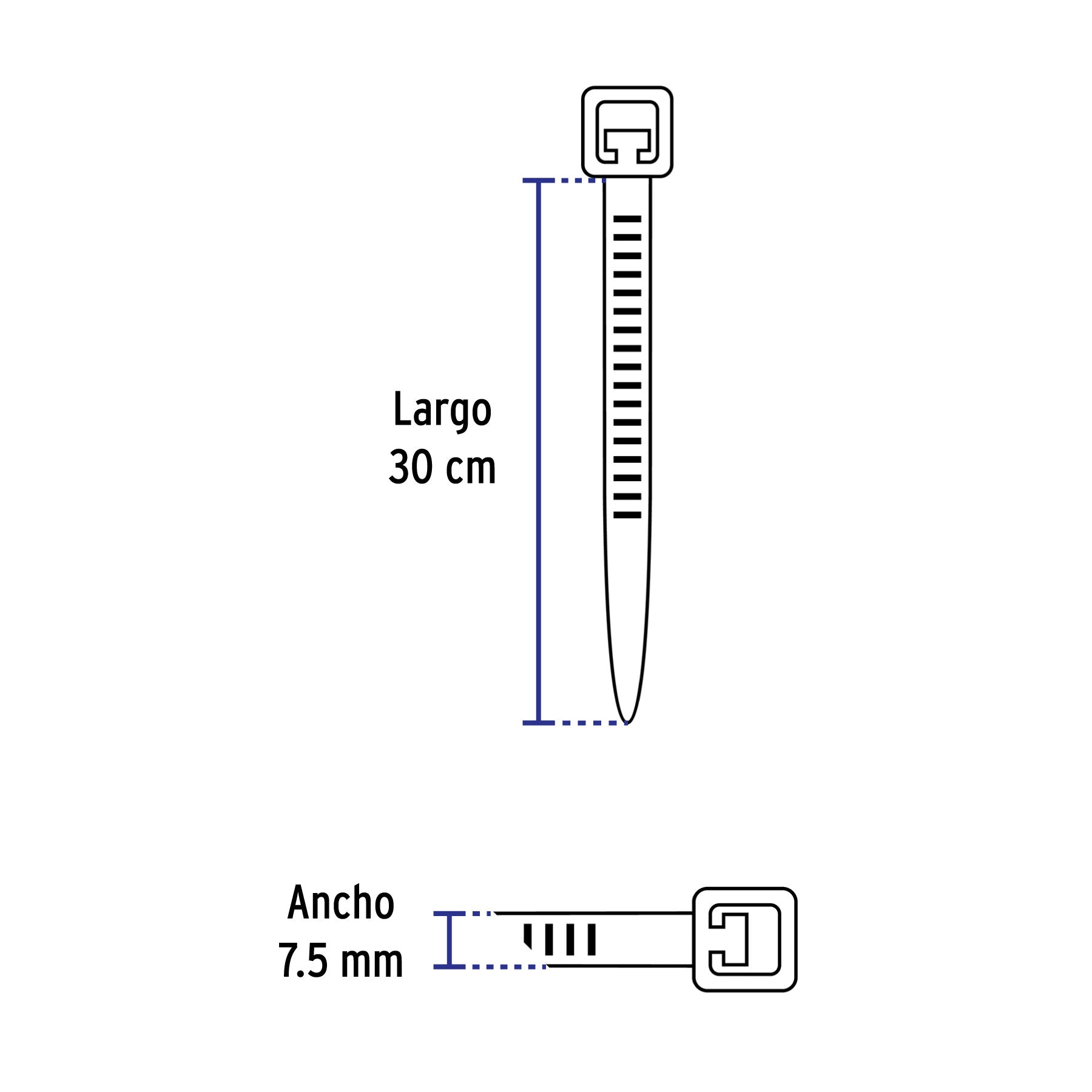 Bolsa con 10 cinchos plásticos 120 lb, 300 x 7.5 mm, negro