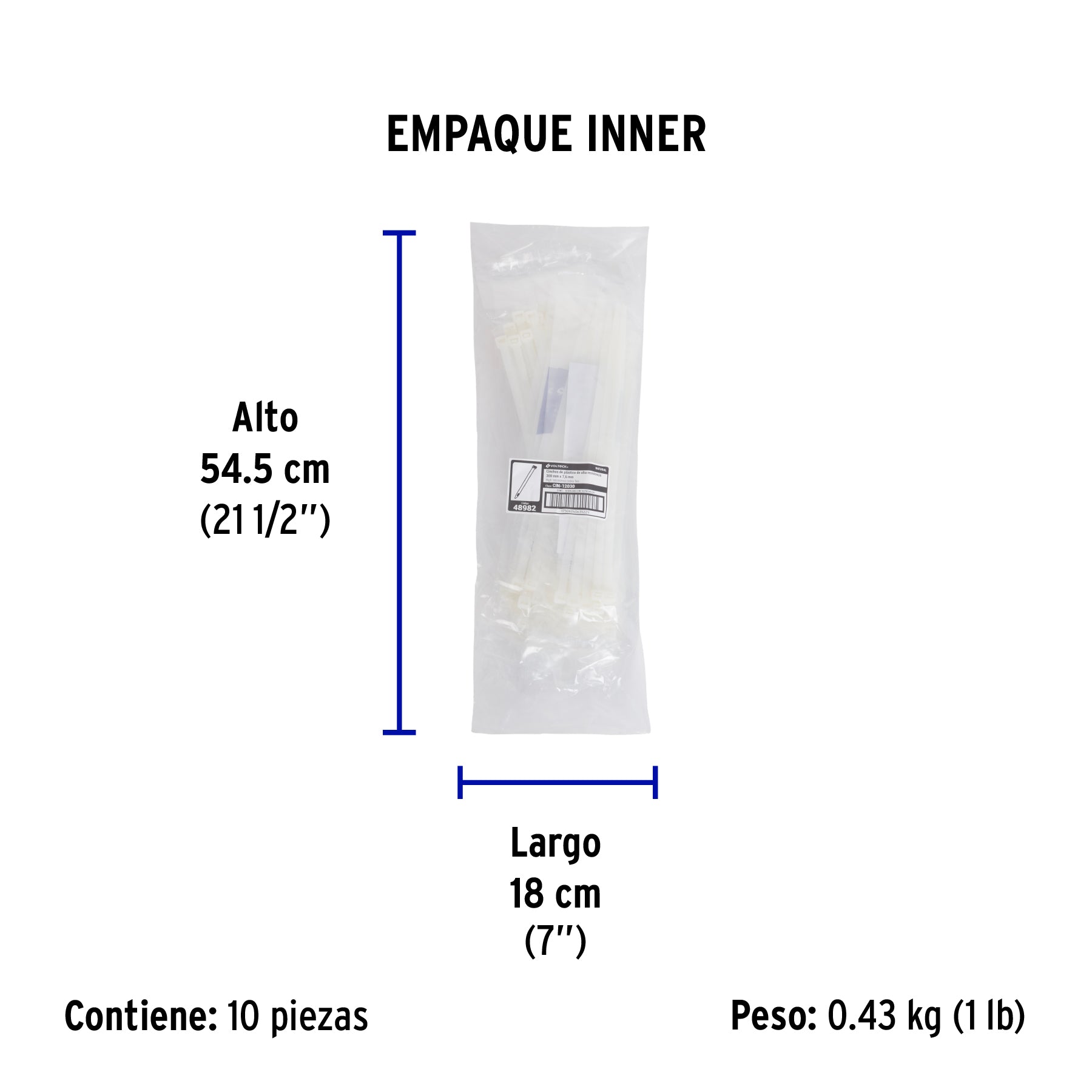 Bolsa con 10 cinchos plásticos 120 lb, 300 x 7.5 mm, natural - Empaque