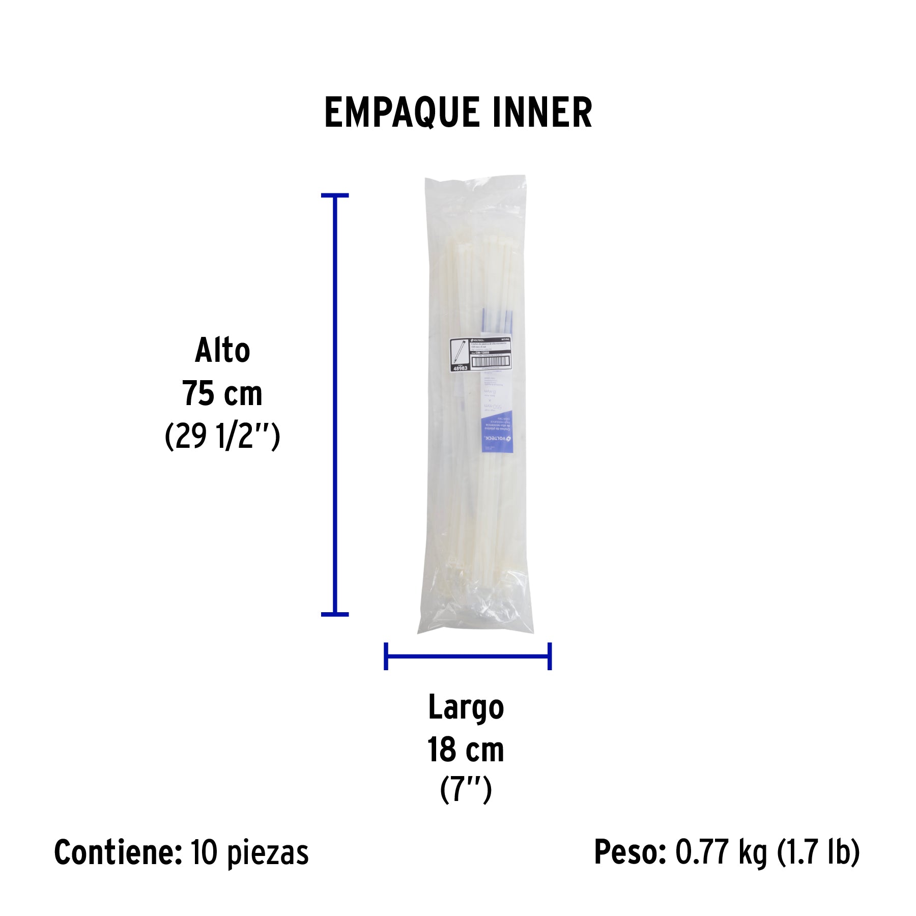 Bolsa con 10 cinchos plásticos 120 lb, 550 x 7.5 mm, natural - Empaque