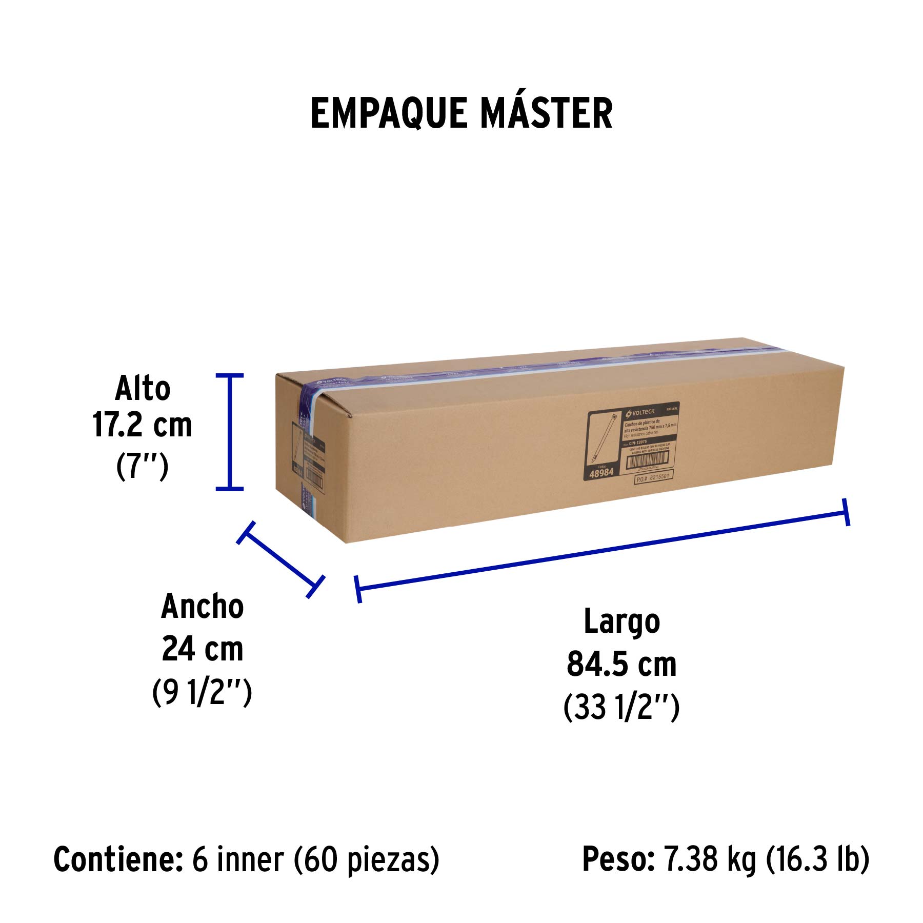Bolsa con 10 cinchos plásticos 120 lb, 750 x 7.5 mm, natural - Empaque