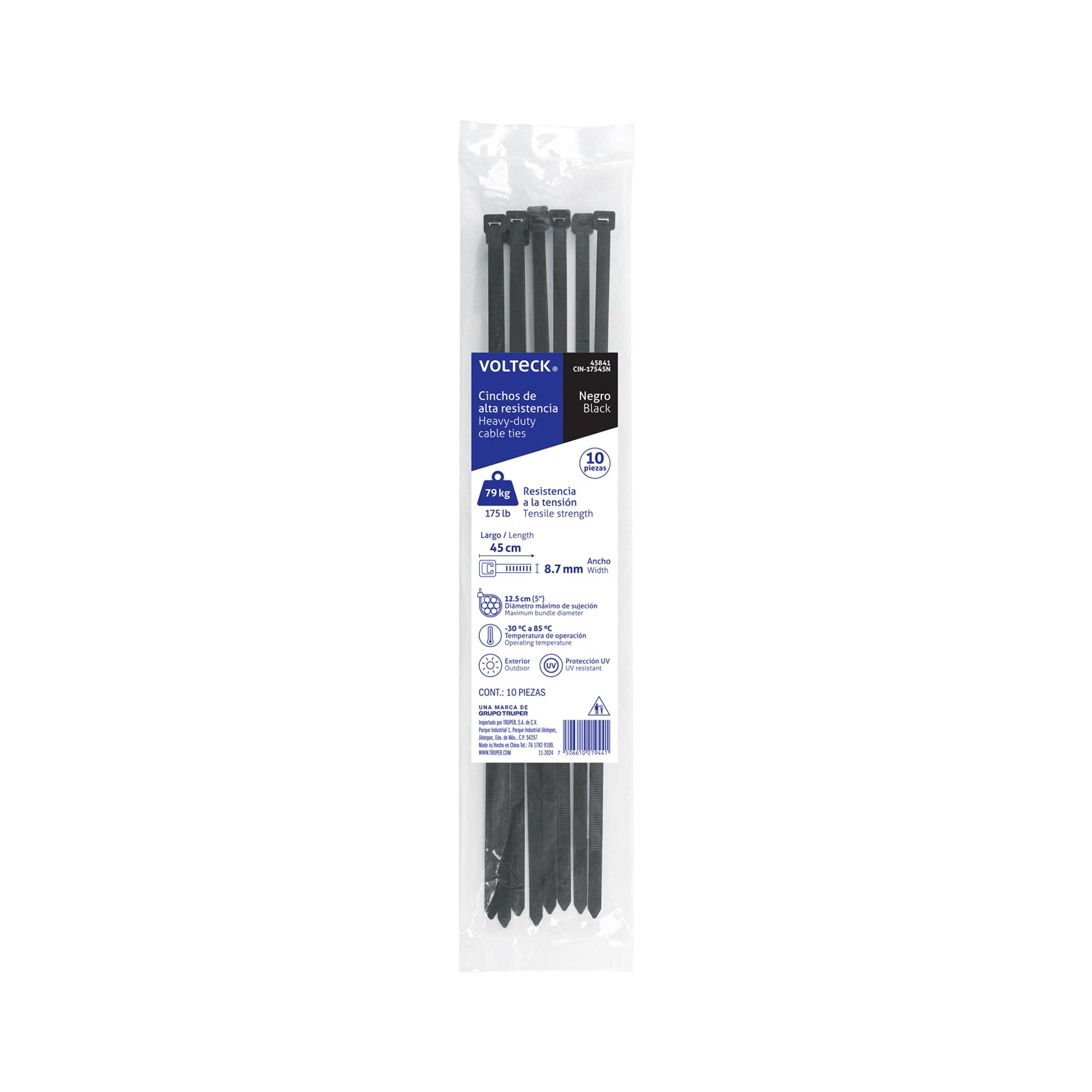 Bolsa con 10 cinchos plásticos 175 lb, 450 x 9 mm, negro