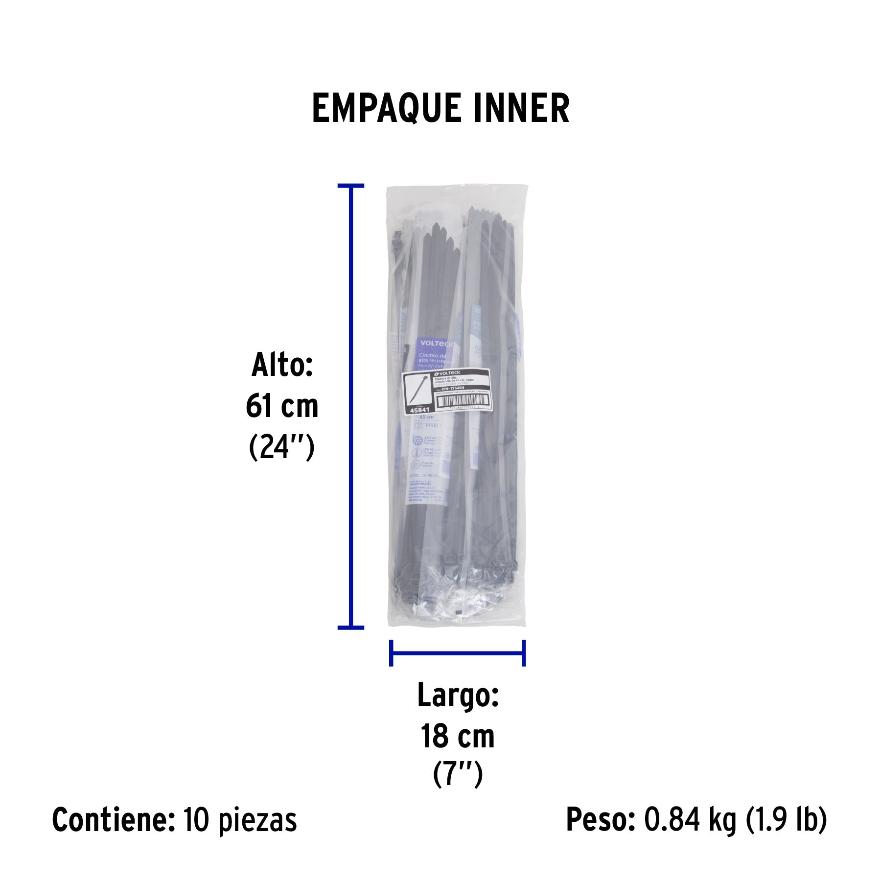 Bolsa con 10 cinchos plásticos 175 lb, 450 x 9 mm, negro - Empaque